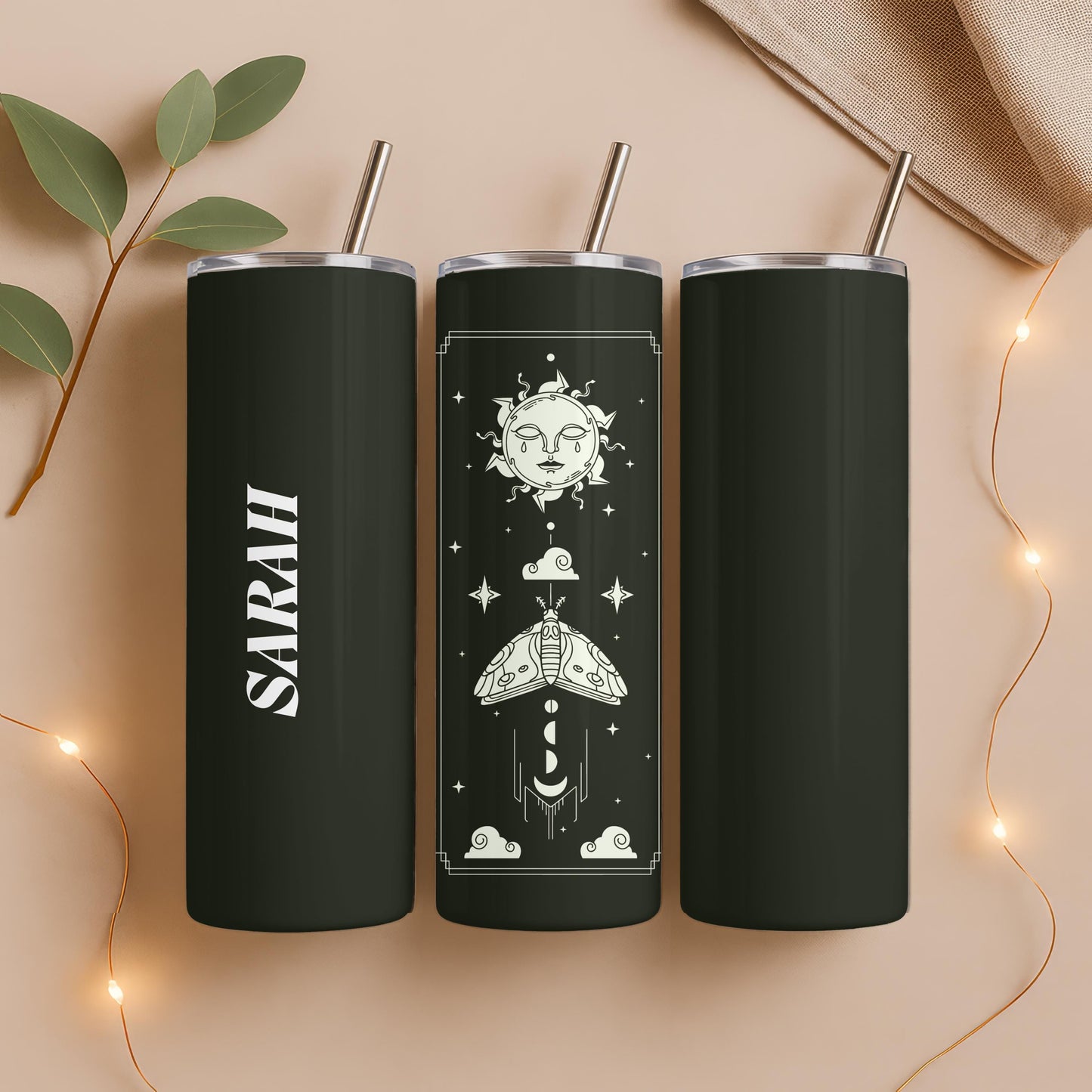 Personalized Celestial Tumbler, Mystical Moth 20oz Skinny Tumbler, Custom Witchy Gift for Her