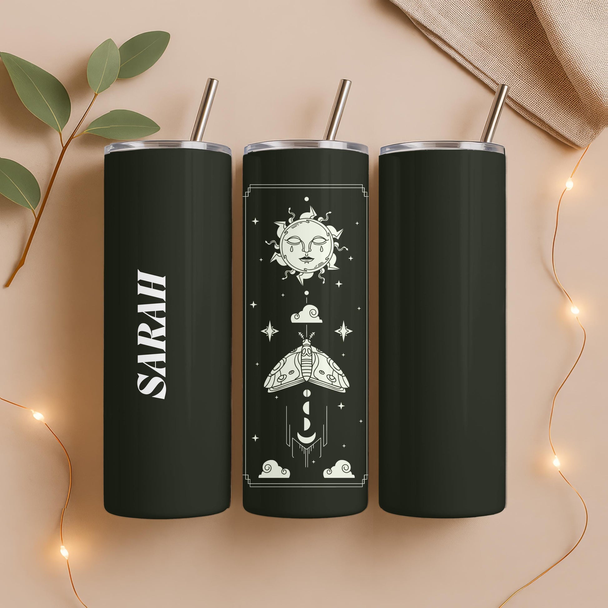 Personalized Celestial Tumbler, Mystical Moth 20oz Skinny Tumbler, Custom Witchy Gift for Her
