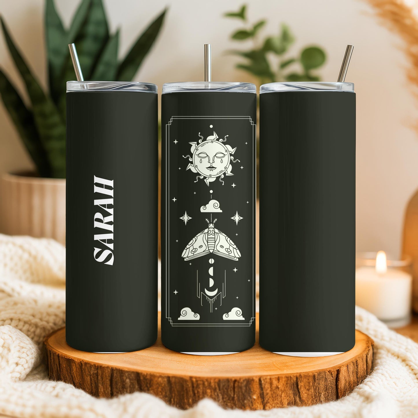 Personalized Celestial Tumbler, Mystical Moth 20oz Skinny Tumbler, Custom Witchy Gift for Her
