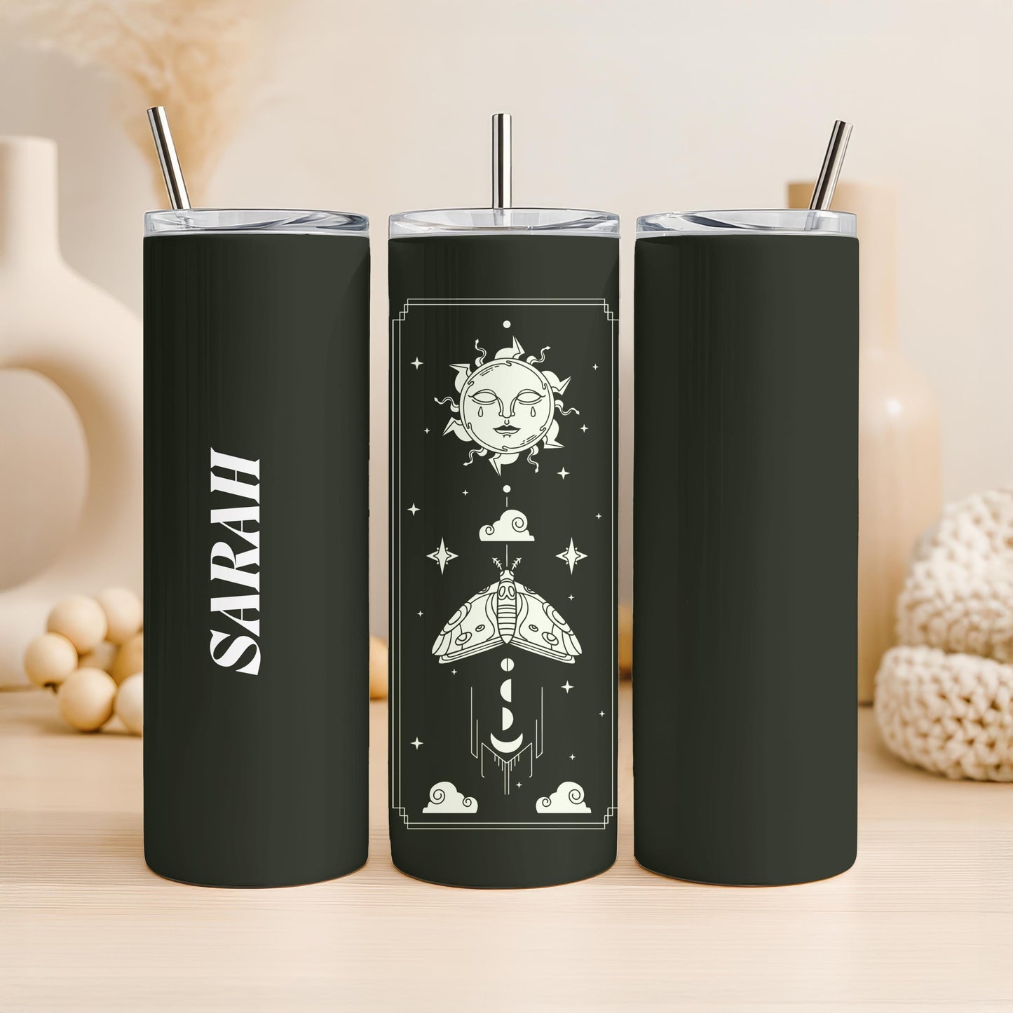Personalized Celestial Tumbler, Mystical Moth 20oz Skinny Tumbler, Custom Witchy Gift for Her