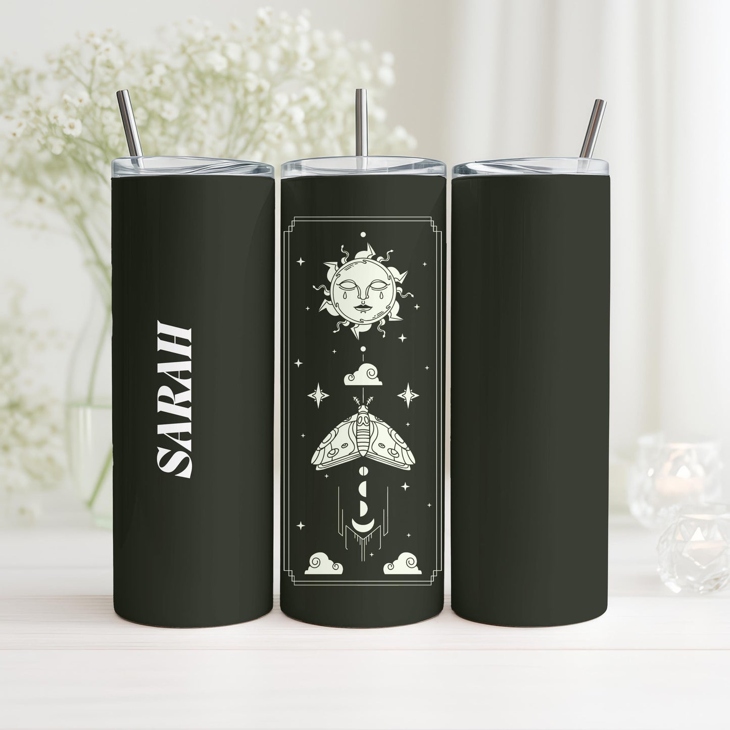 Personalized Celestial Tumbler, Mystical Moth 20oz Skinny Tumbler, Custom Witchy Gift for Her