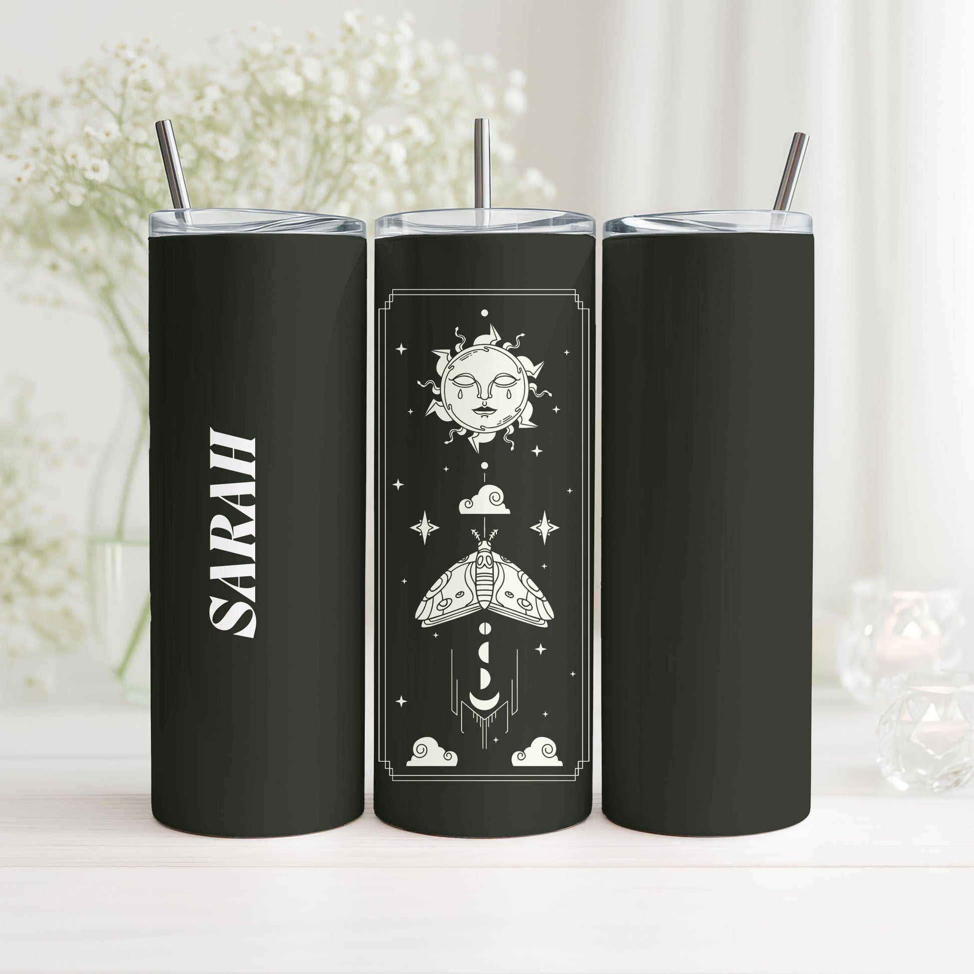 Personalized Celestial Tumbler, Mystical Moth 20oz Skinny Tumbler, Custom Witchy Gift for Her