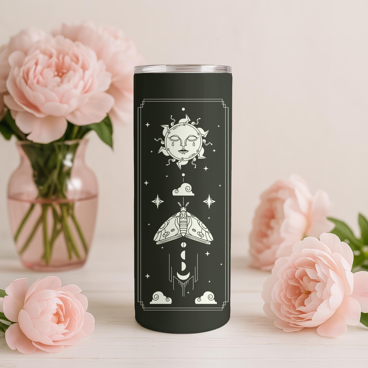 Personalized Celestial Tumbler, Mystical Moth 20oz Skinny Tumbler, Custom Witchy Gift for Her