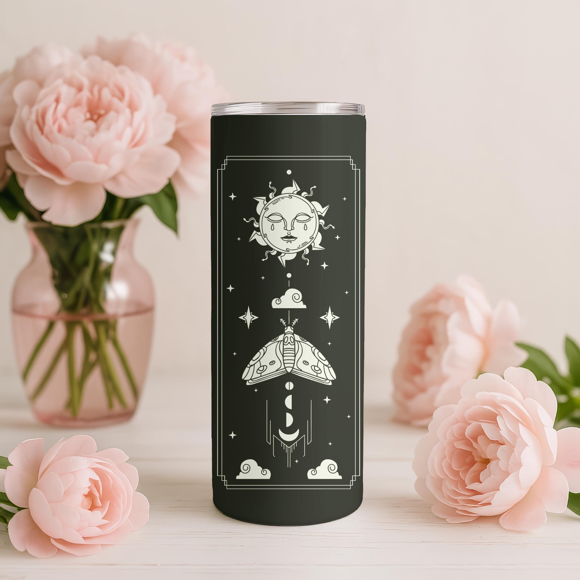 Personalized Celestial Tumbler, Mystical Moth 20oz Skinny Tumbler, Custom Witchy Gift for Her