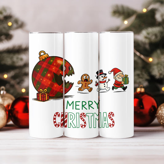 Funny Merry Christmas Tumbler, Retro Gamer Holiday Gift, 20oz Skinny Tumbler for Christmas, Humorous Xmas Travel Cup