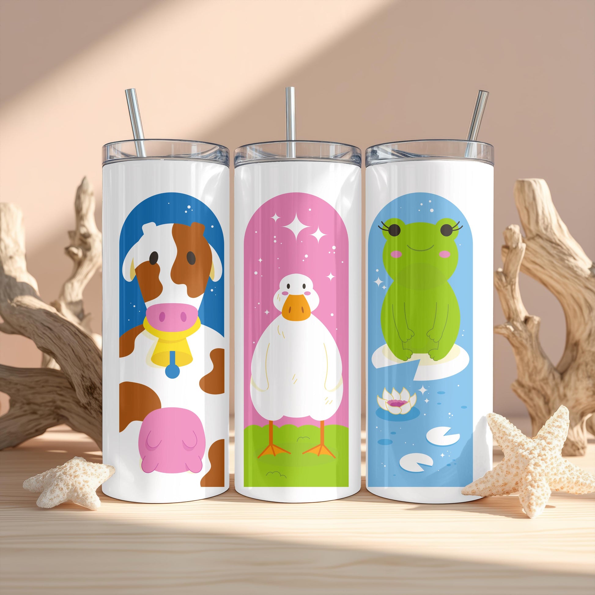 Kawaii Farm Animal Tumbler, Cute Cow Duck Frog 20oz Skinny Tumbler, Aesthetic Cottagecore Gift, Pastel Animal Travel Cup
