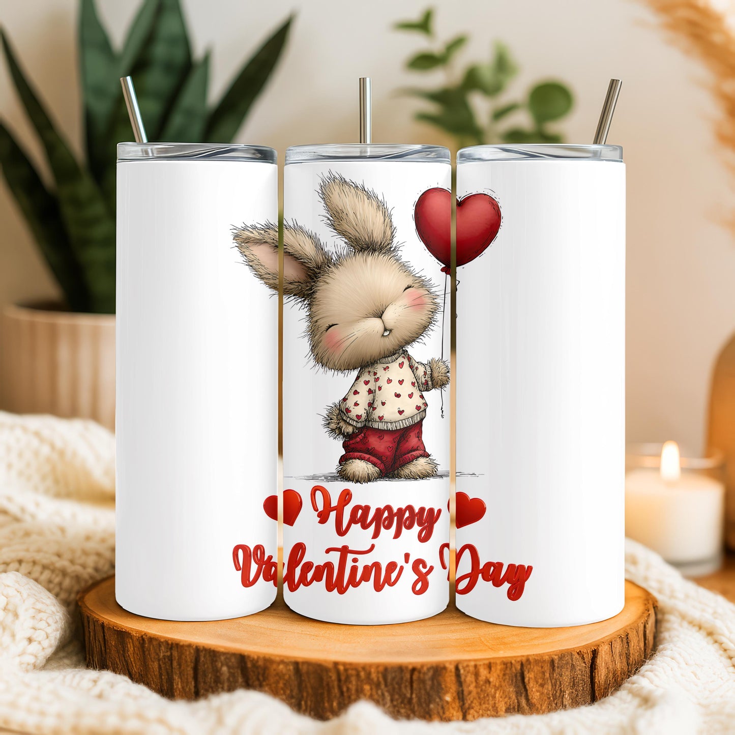 Happy Valentine's Day Tumbler, Cute Bunny 20oz Skinny Tumbler, Romantic Holiday Gift for Her, Aesthetic Rabbit Travel Cup