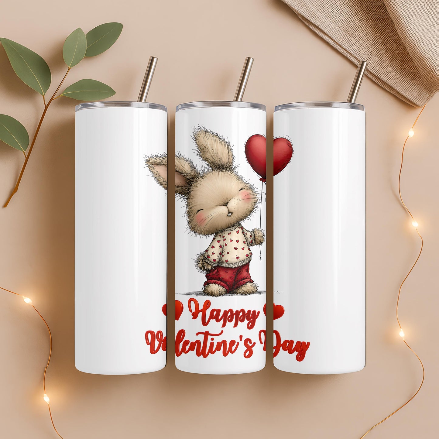 Happy Valentine's Day Tumbler, Cute Bunny 20oz Skinny Tumbler, Romantic Holiday Gift for Her, Aesthetic Rabbit Travel Cup
