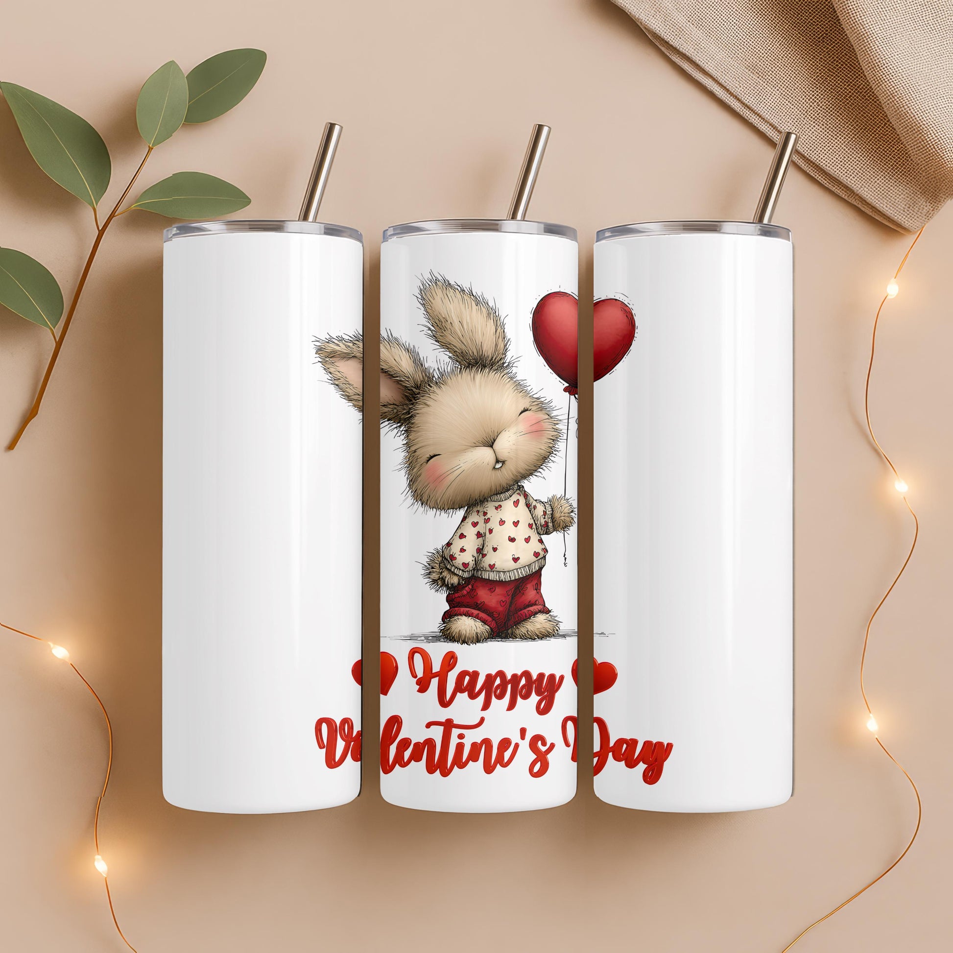 Happy Valentine's Day Tumbler, Cute Bunny 20oz Skinny Tumbler, Romantic Holiday Gift for Her, Aesthetic Rabbit Travel Cup