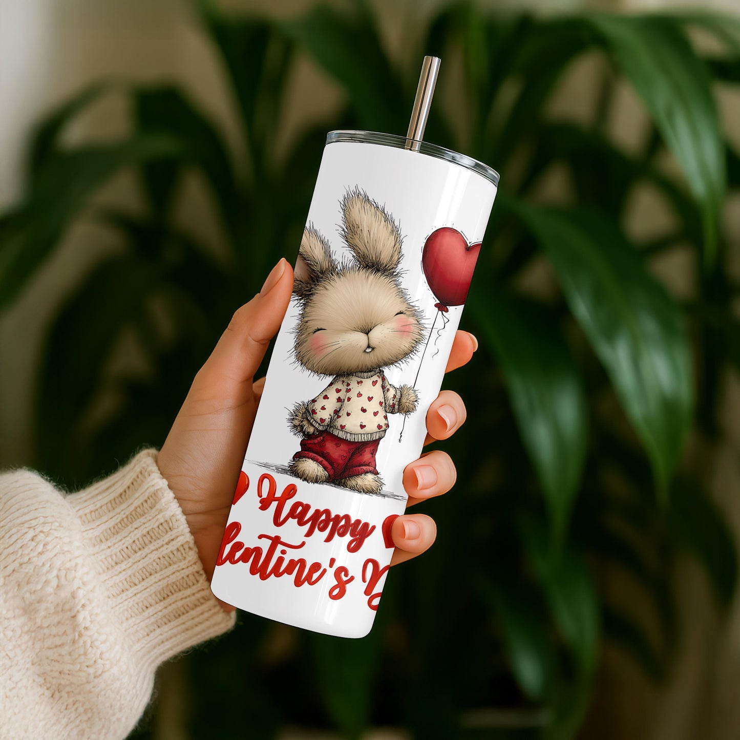 Happy Valentine's Day Tumbler, Cute Bunny 20oz Skinny Tumbler, Romantic Holiday Gift for Her, Aesthetic Rabbit Travel Cup