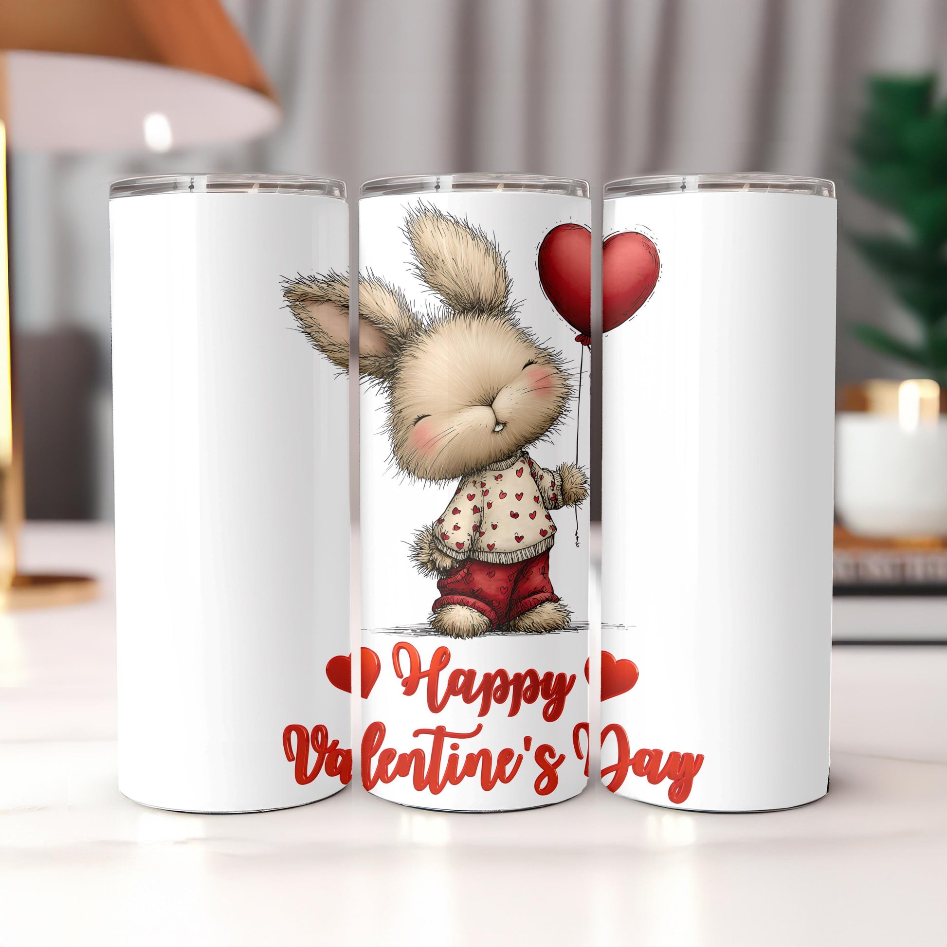 Happy Valentine's Day Tumbler, Cute Bunny 20oz Skinny Tumbler, Romantic Holiday Gift for Her, Aesthetic Rabbit Travel Cup