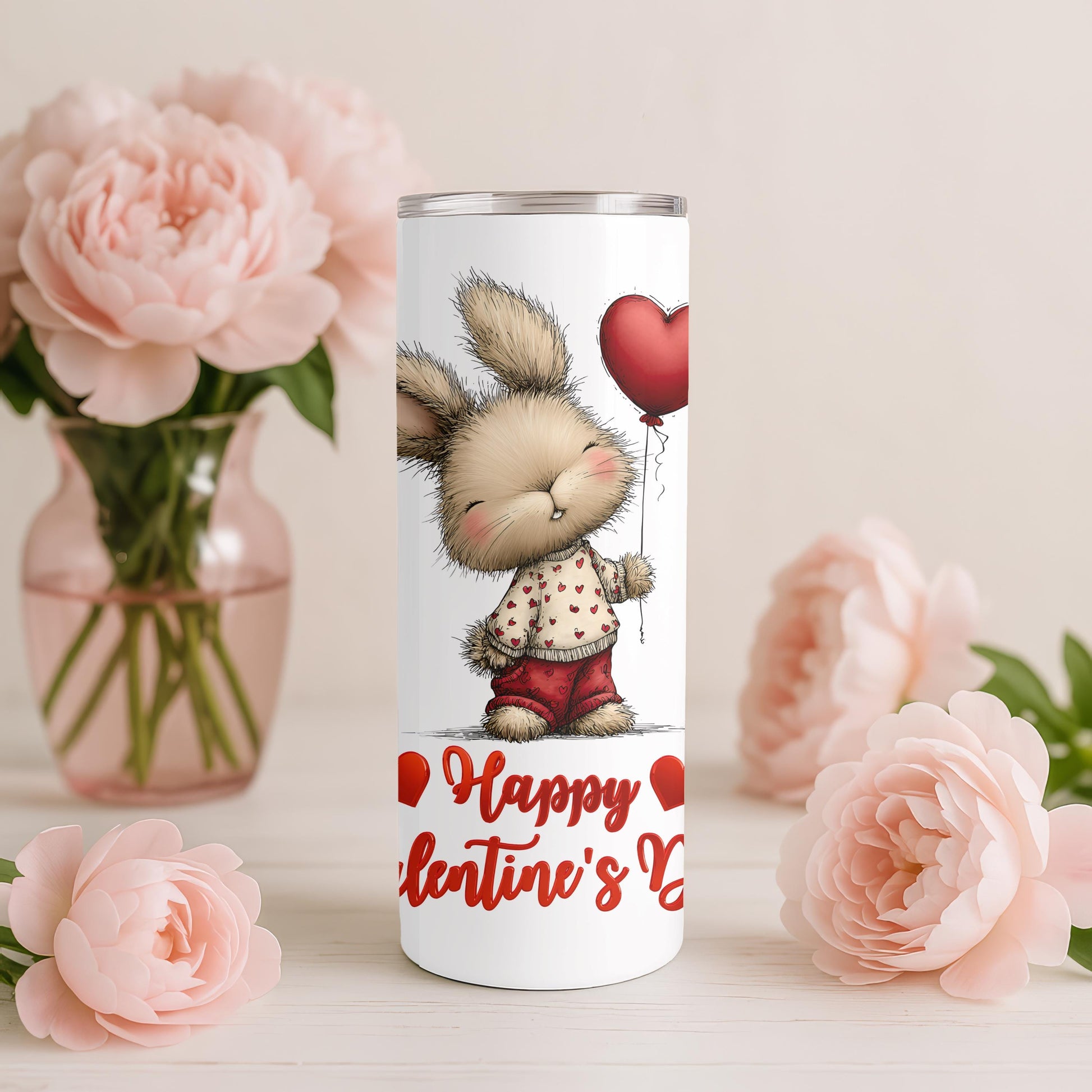 Happy Valentine's Day Tumbler, Cute Bunny 20oz Skinny Tumbler, Romantic Holiday Gift for Her, Aesthetic Rabbit Travel Cup