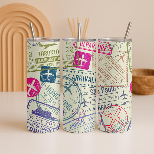 Vintage Passport Stamps Tumbler, Travel Lover 20oz Skinny Tumbler, Custom Travel Gift for Her, Aesthetic Wanderlust Travel Cup