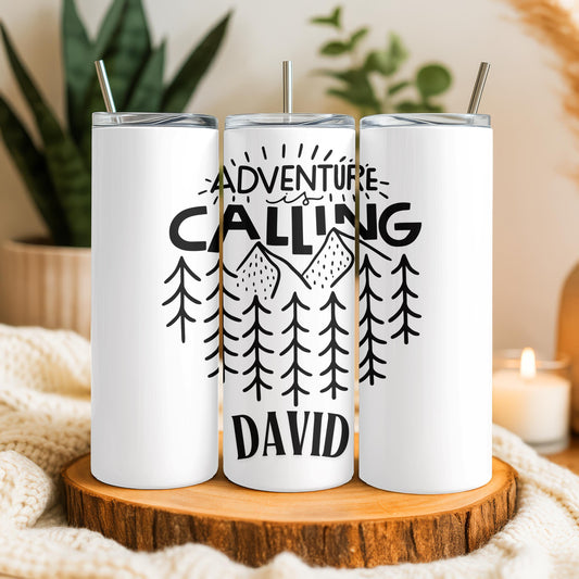 Personalized Adventure is Calling Tumbler, Custom Mountain 20oz Skinny Tumbler, Outdoor Hiking Gift for Him, Nature Lover Travel Cup
