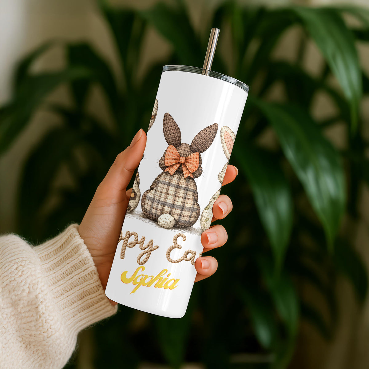 Personalized Easter Bunny Tumbler: Custom Name 20oz Skinny Tumbler, Crochet Bunny Travel Mug, Easter Gift for Kids