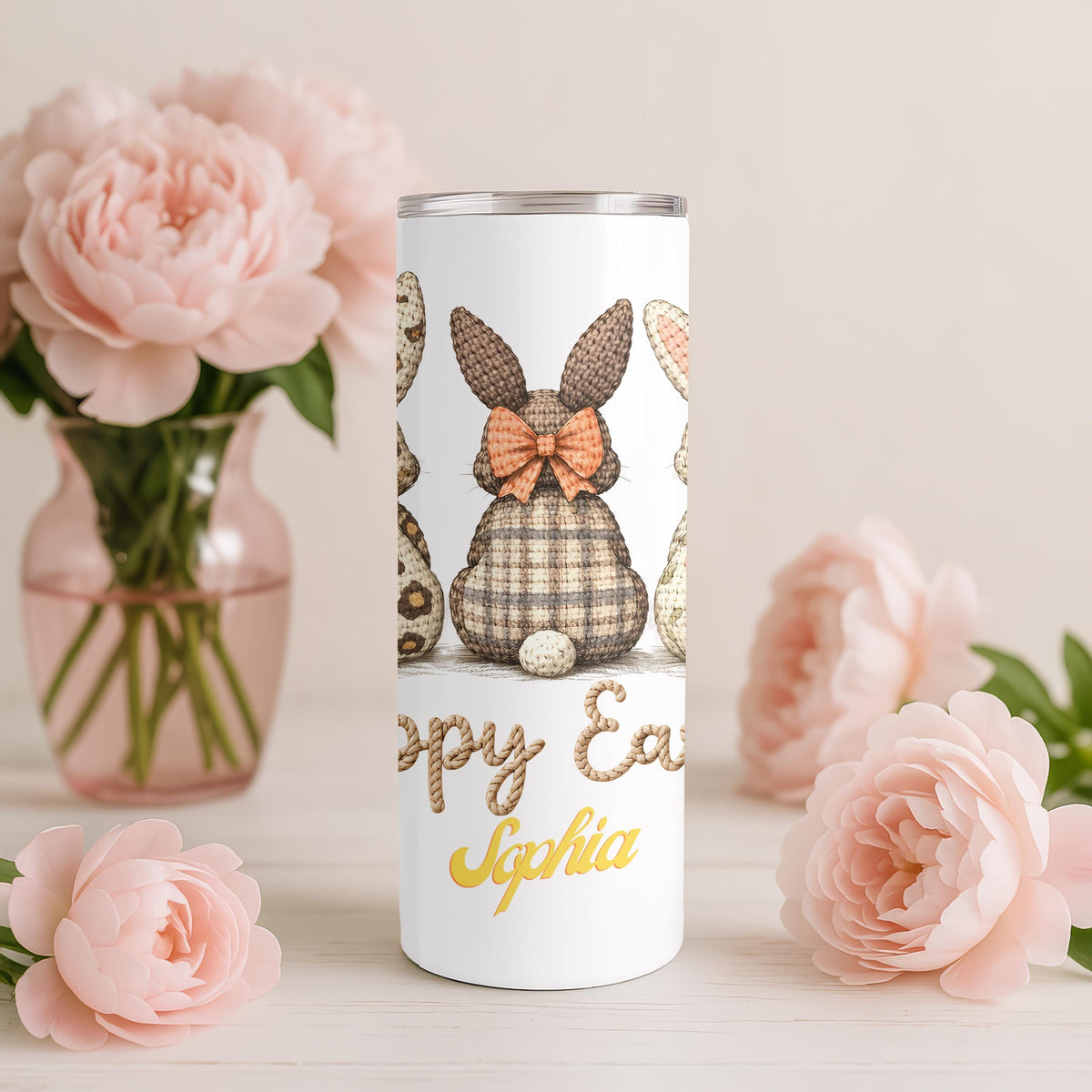 Personalized Easter Bunny Tumbler: Custom Name 20oz Skinny Tumbler, Crochet Bunny Travel Mug, Easter Gift for Kids