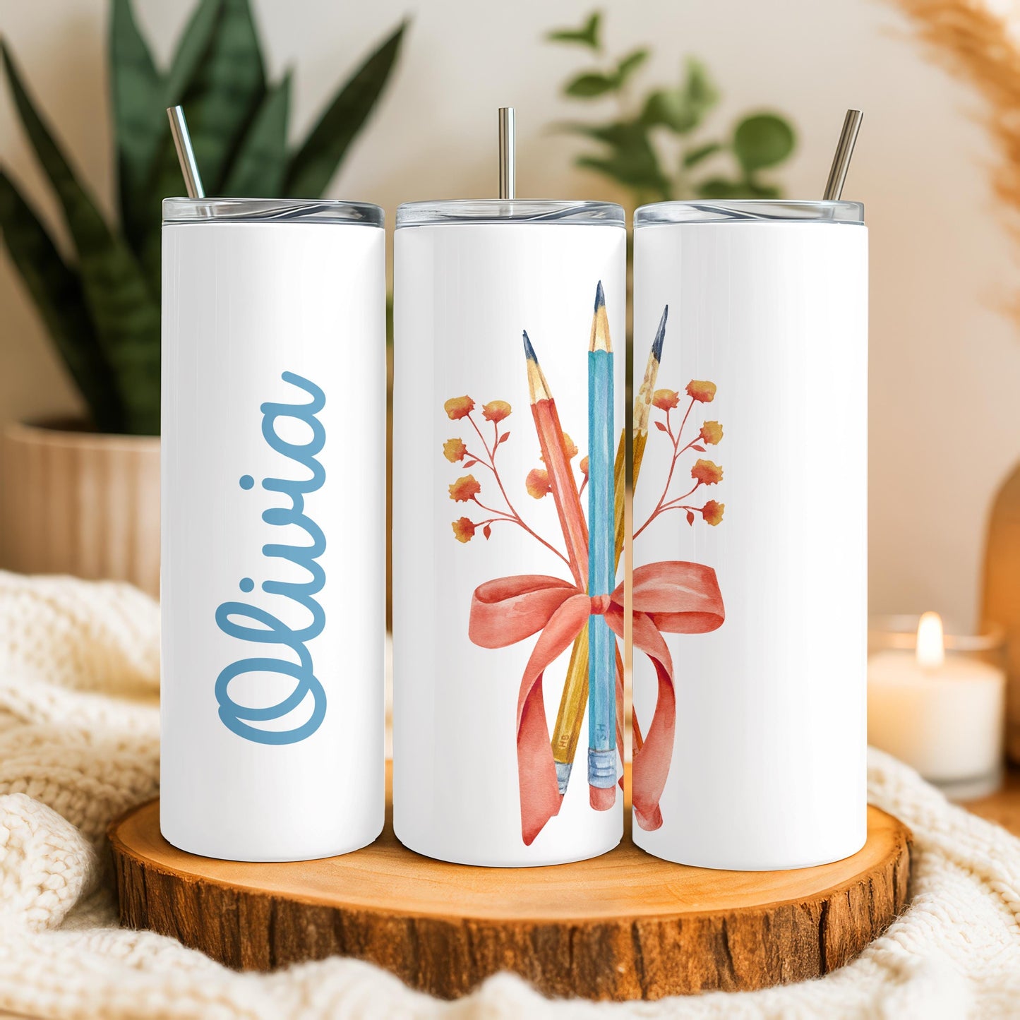 Personalized Teacher Tumbler 20oz Skinny Tumbler: Watercolor Pencil Travel Mug, Teacher Appreciation Gift