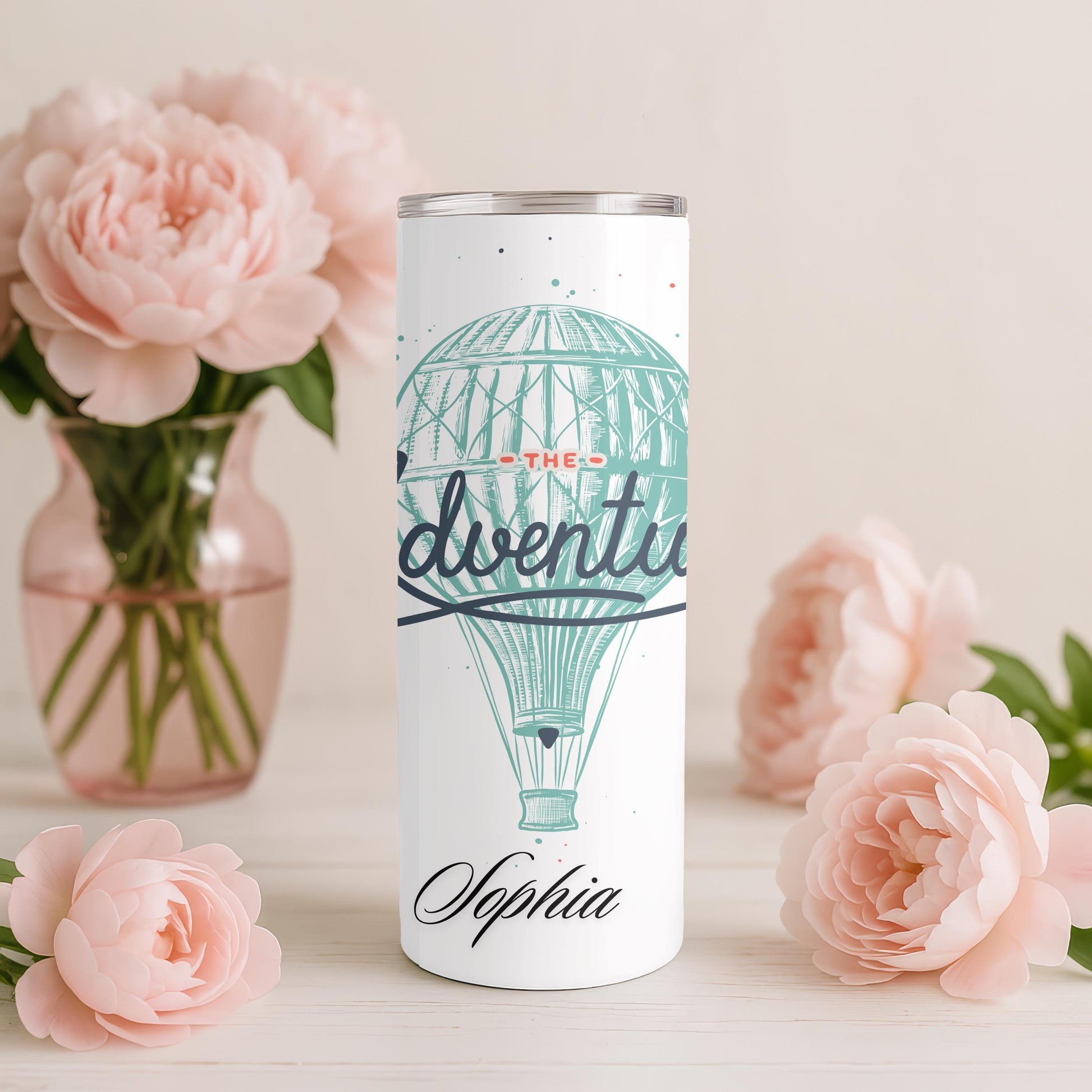 Personalized Adventure Tumbler: Custom Name 20oz Skinny Tumbler, Hot Air Balloon Travel Mug, Wanderlust Gift, Adventure Awaits Cup