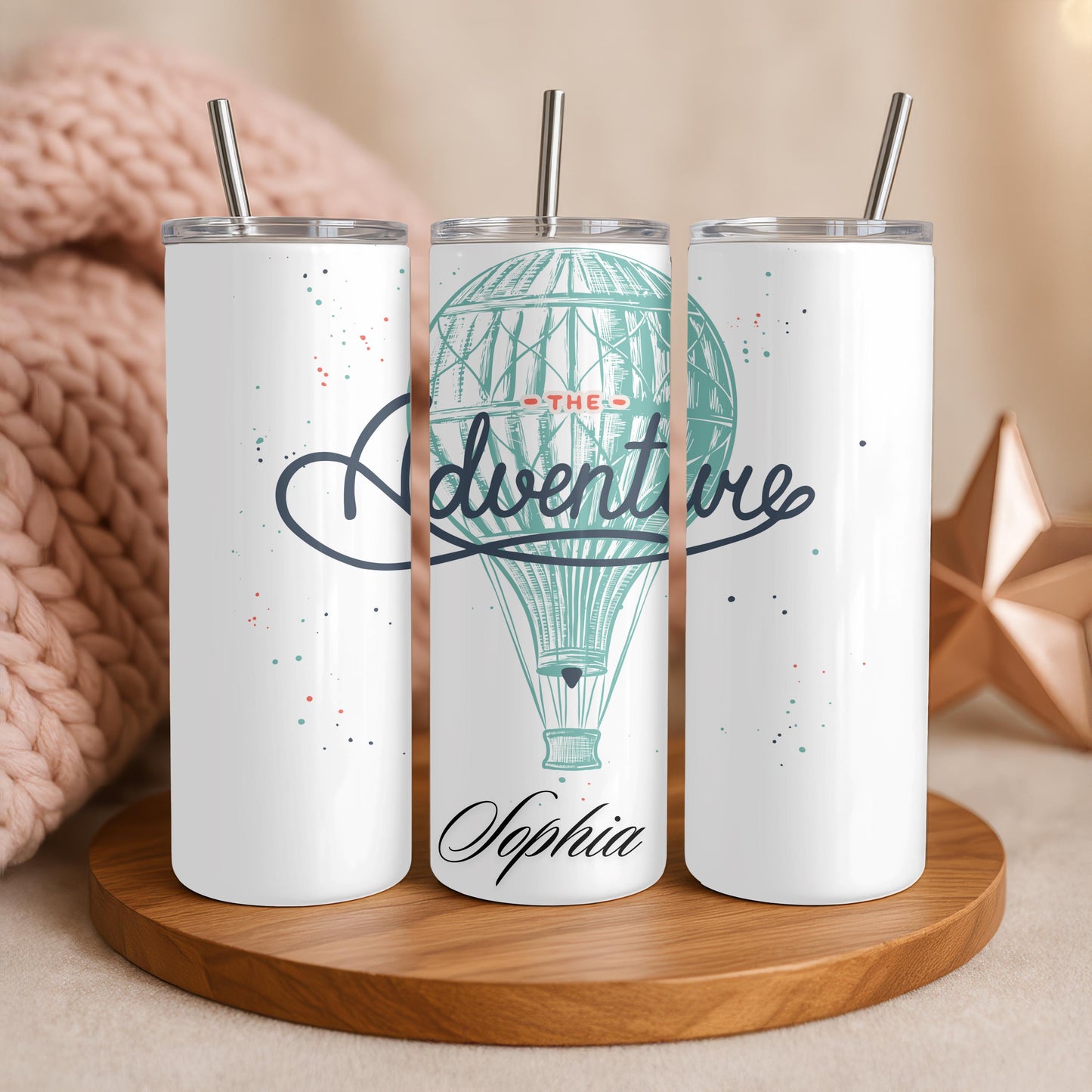 Personalized Adventure Tumbler: Custom Name 20oz Skinny Tumbler, Hot Air Balloon Travel Mug, Wanderlust Gift, Adventure Awaits Cup