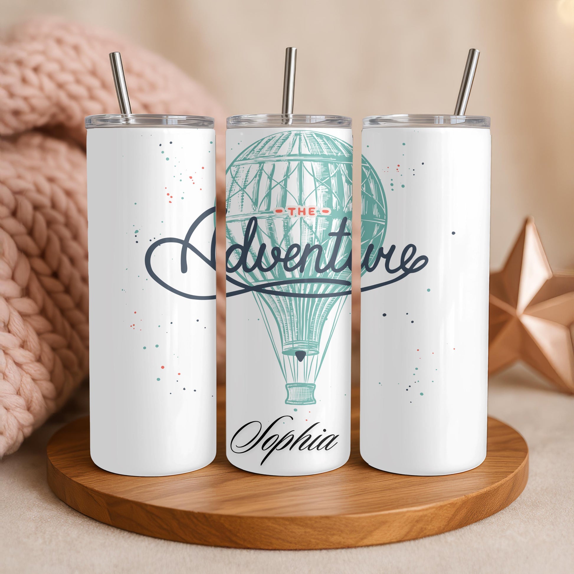 Personalized Adventure Tumbler: Custom Name 20oz Skinny Tumbler, Hot Air Balloon Travel Mug, Wanderlust Gift, Adventure Awaits Cup