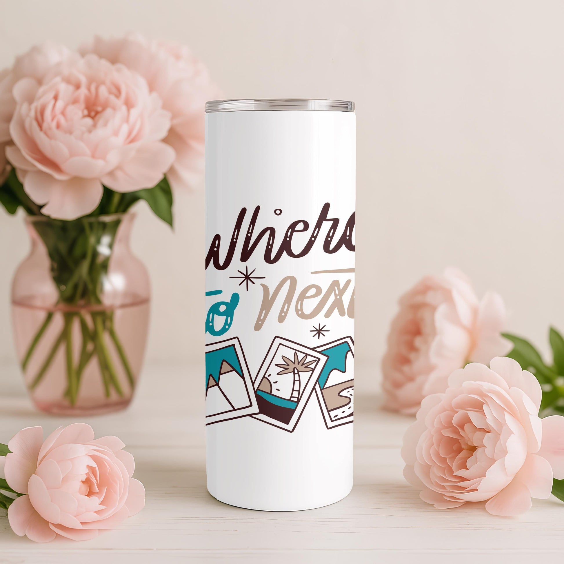 Where To Next Tumbler: Personalized Travel Gift 20oz Skinny Tumbler, Wanderlust Travel Mug, Custom Name Adventure Cup