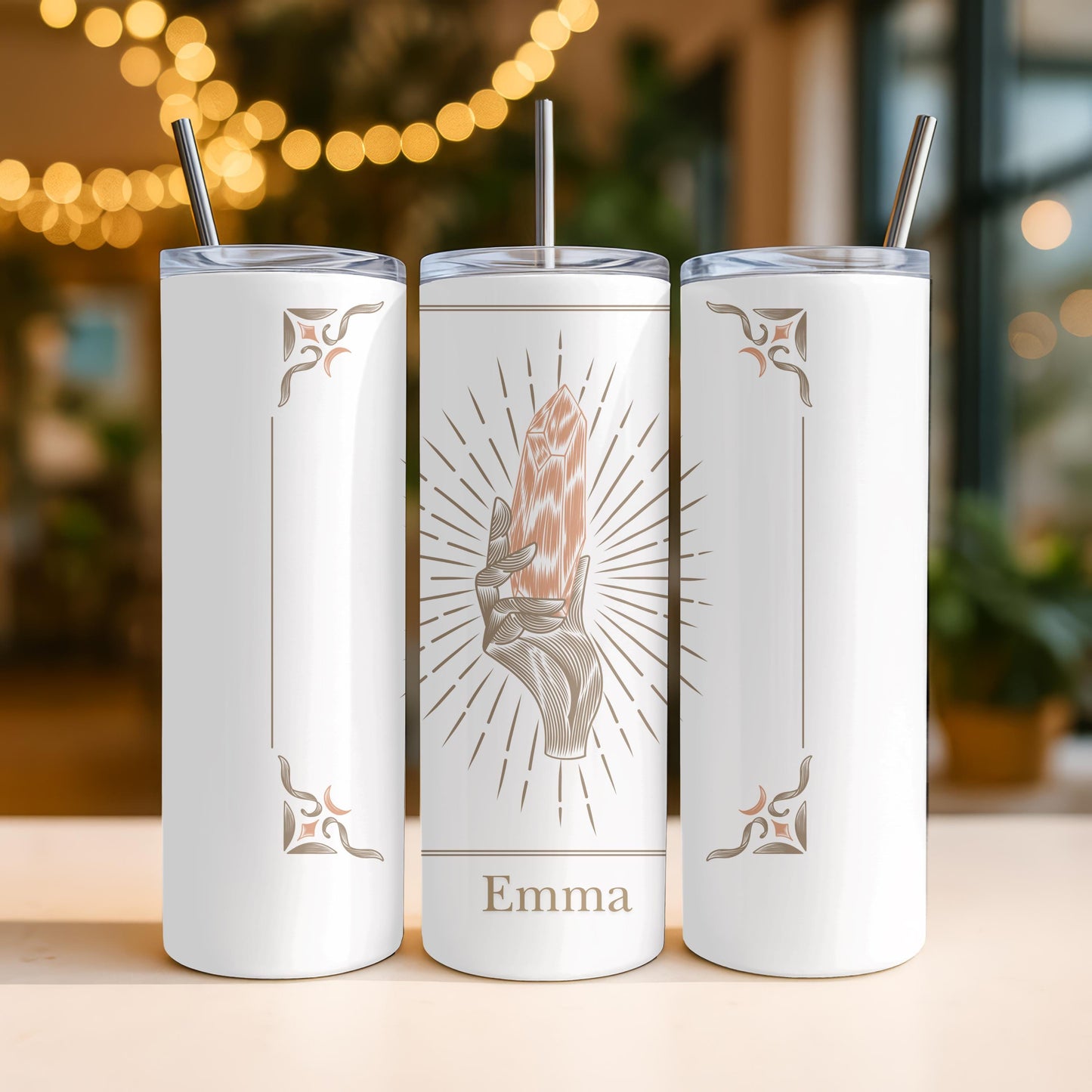 Personalized Crystal Tumbler: Custom Name 20oz Skinny Tumbler, Boho Witchy Gift, Spiritual Manifestation Cup