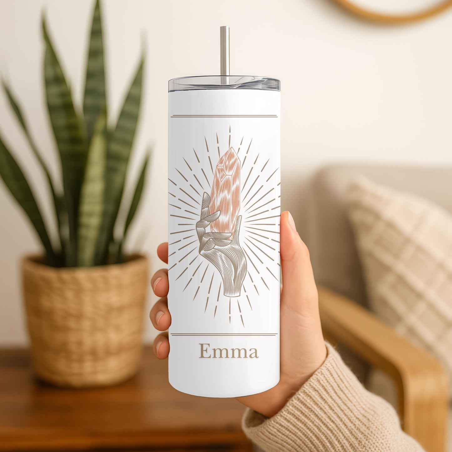 Personalized Crystal Tumbler: Custom Name 20oz Skinny Tumbler, Boho Witchy Gift, Spiritual Manifestation Cup