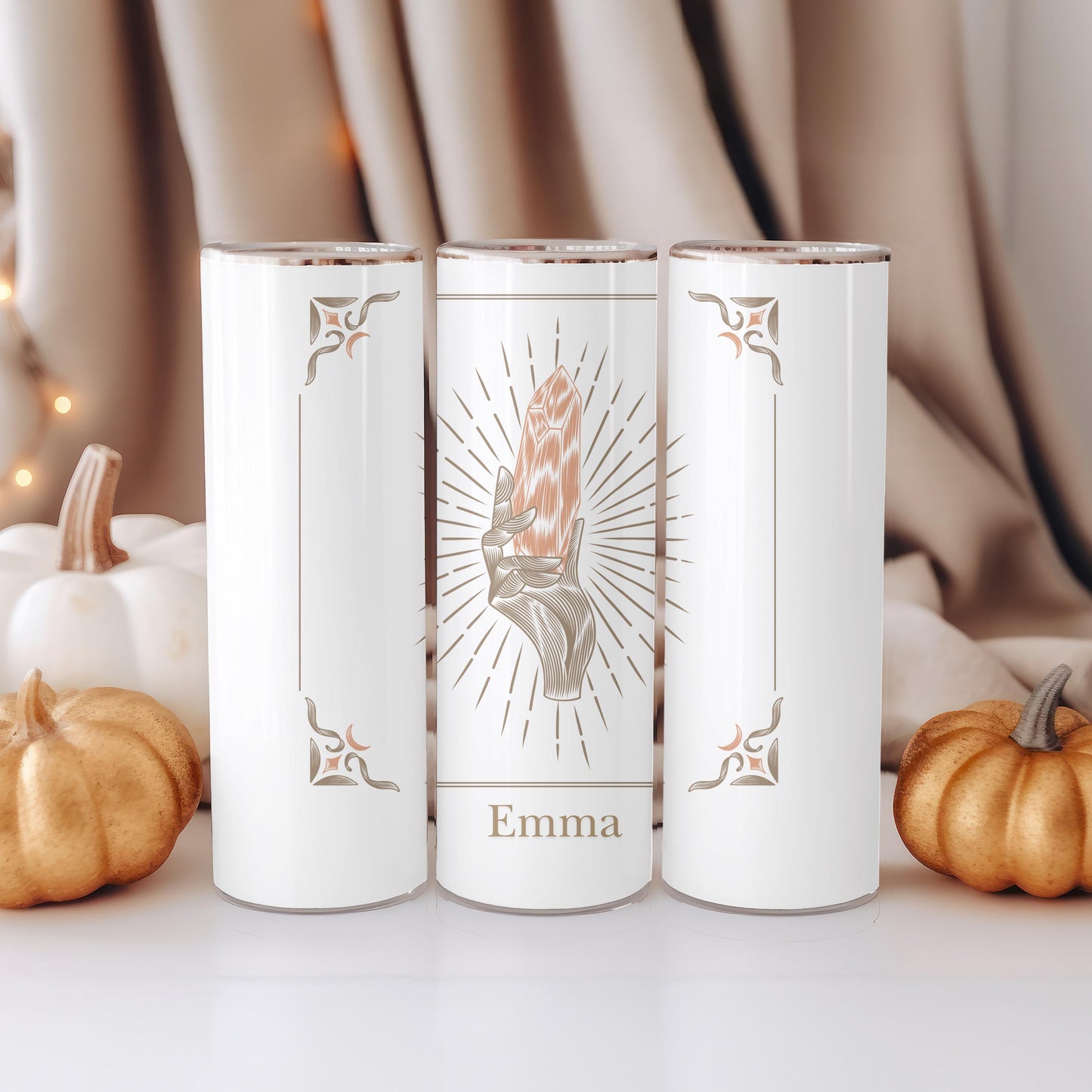 Personalized Crystal Tumbler: Custom Name 20oz Skinny Tumbler, Boho Witchy Gift, Spiritual Manifestation Cup