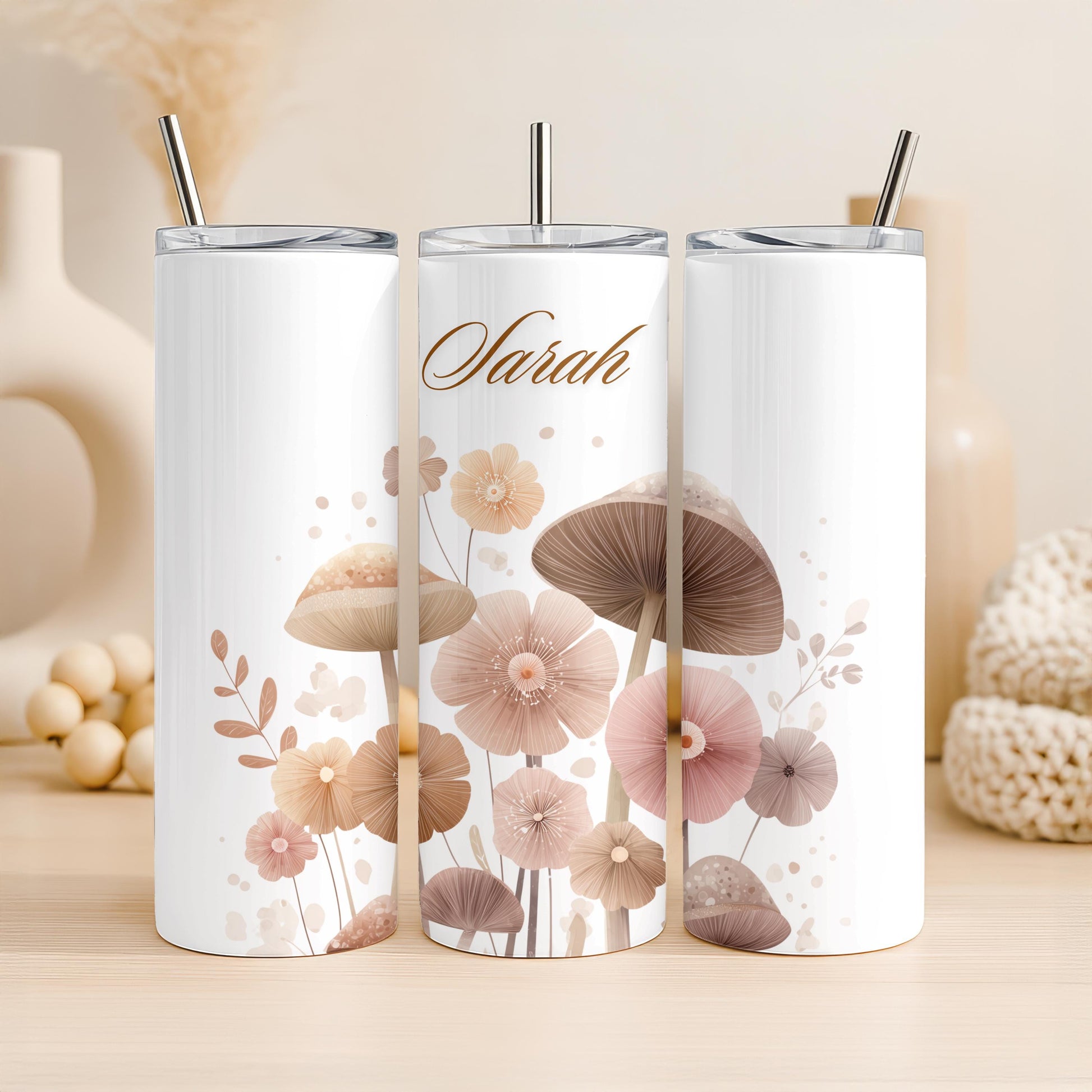 Personalized Mushroom Tumbler: Custom Name 20oz Skinny Tumbler, Boho Cottagecore Floral Travel Mug