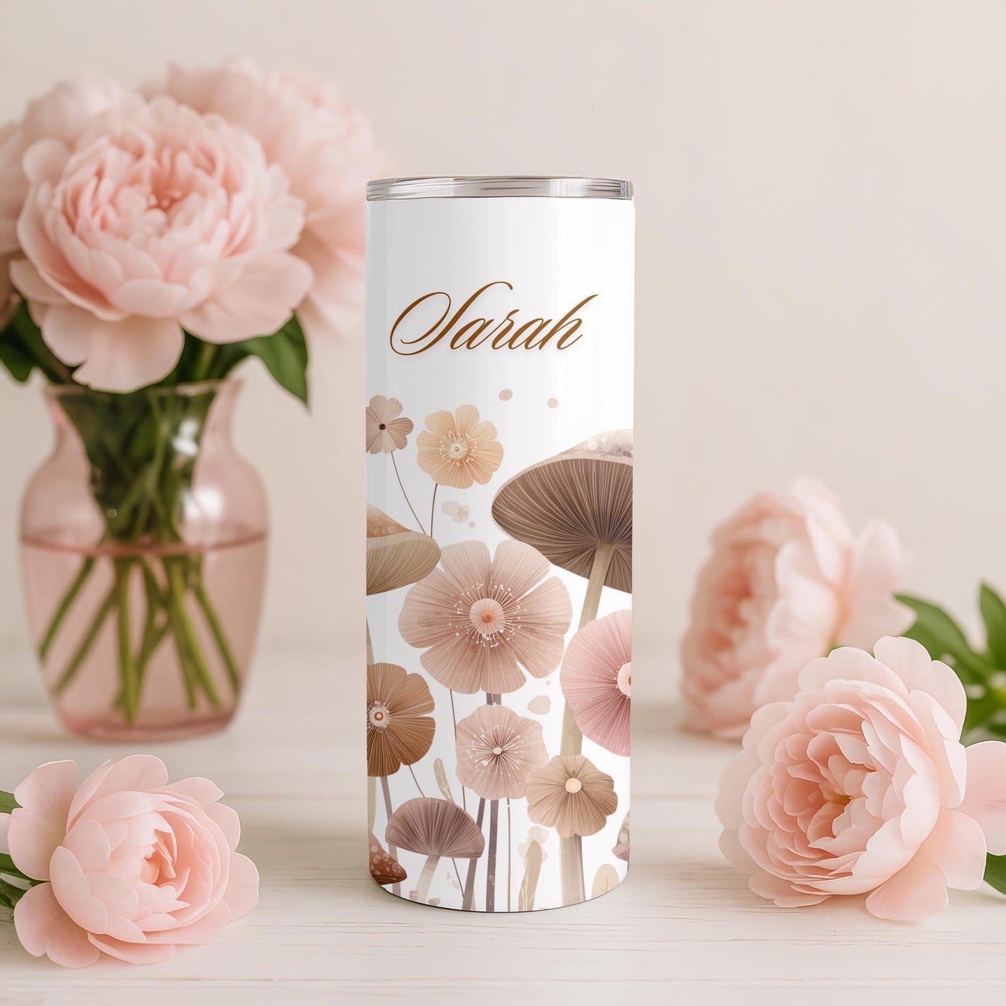 Personalized Mushroom Tumbler: Custom Name 20oz Skinny Tumbler, Boho Cottagecore Floral Travel Mug