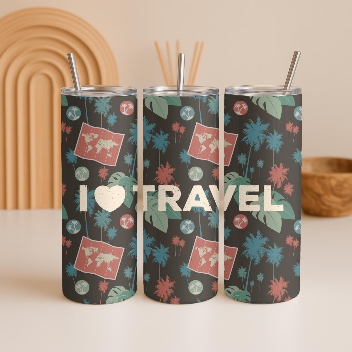 I Love Travel Tumbler: Personalized 20oz Skinny Tumbler, Tropical Palm Tree Travel Mug, Custom Name Vacation Gift