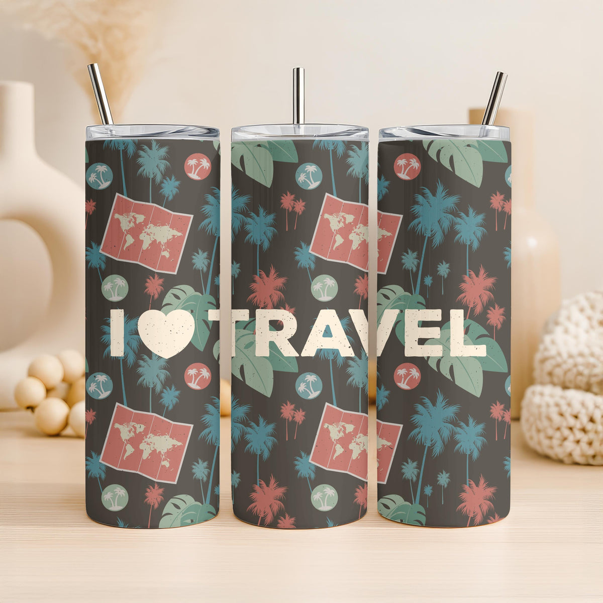 I Love Travel Tumbler: Personalized 20oz Skinny Tumbler, Tropical Palm Tree Travel Mug, Custom Name Vacation Gift