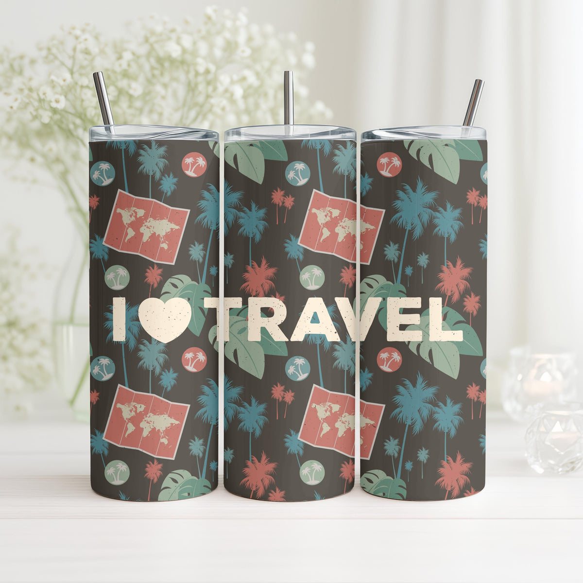 I Love Travel Tumbler: Personalized 20oz Skinny Tumbler, Tropical Palm Tree Travel Mug, Custom Name Vacation Gift