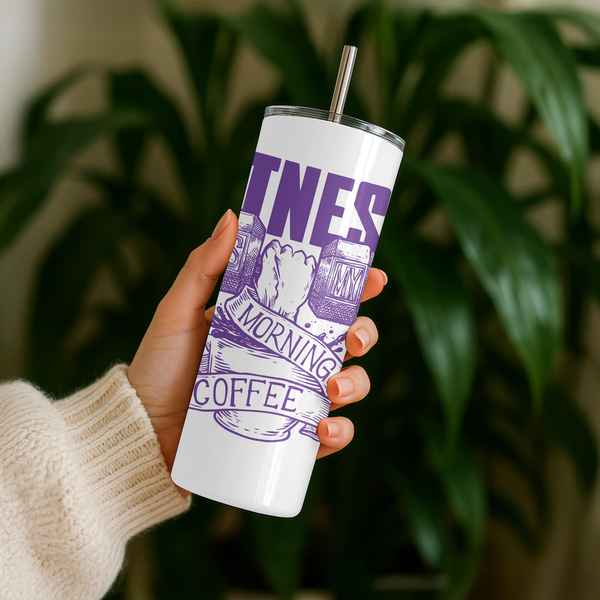 Fitness Is My Morning Coffee Tumbler: 20oz Funny Workout Travel Mug, Gym Motivation Gift
