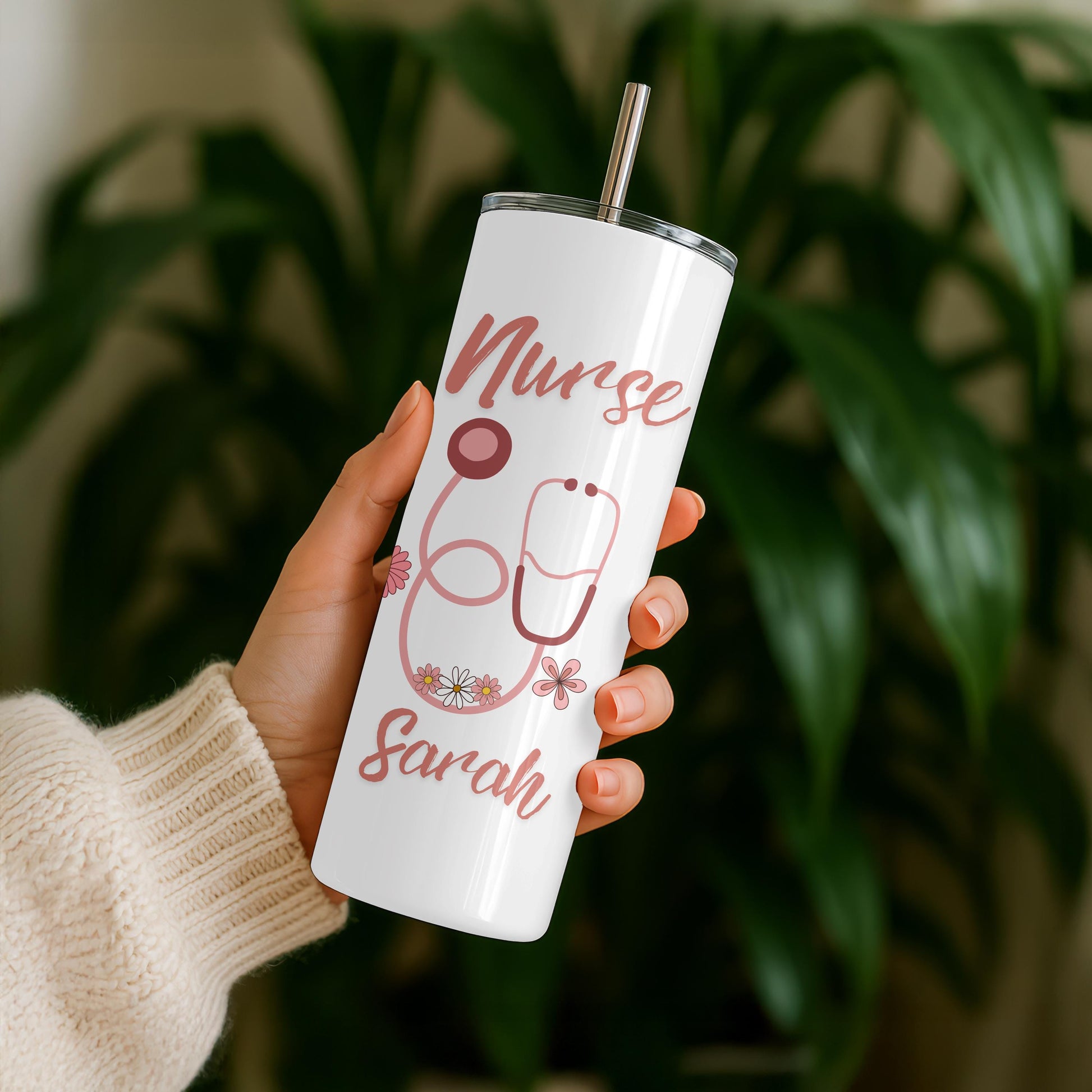 Nurse Tumbler: Personalized Floral Nurse Gift, 20oz Skinny Tumbler, Stethoscope Coffee Travel Cup, Nurse Week gift