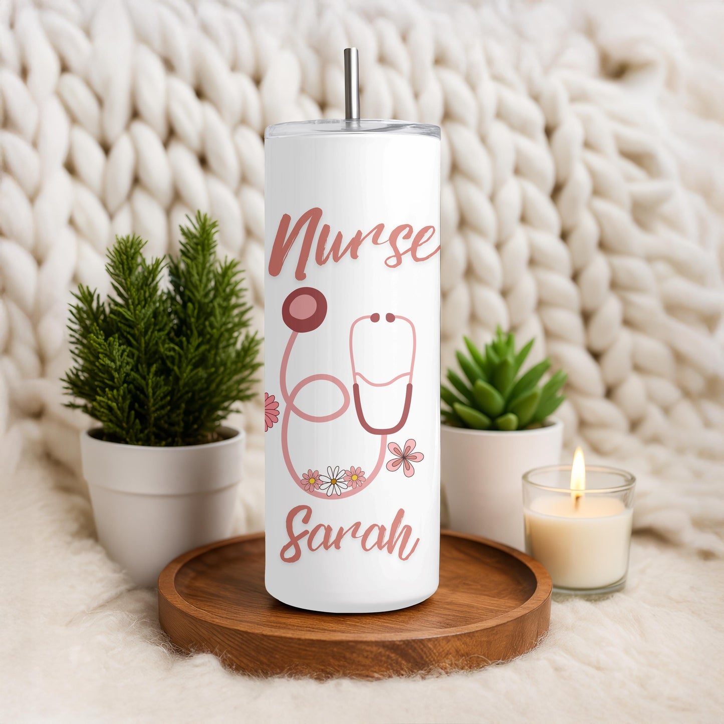 Nurse Tumbler: Personalized Floral Nurse Gift, 20oz Skinny Tumbler, Stethoscope Coffee Travel Cup, Nurse Week gift