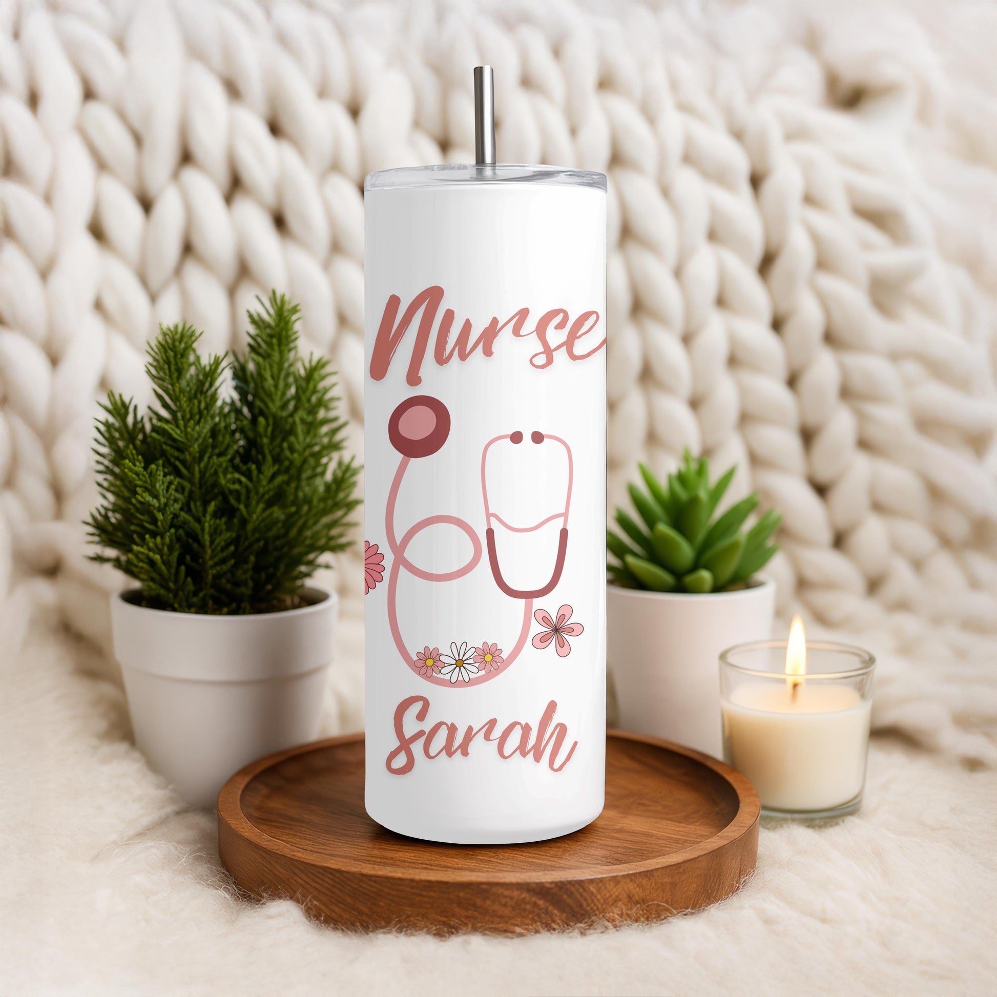 Nurse Tumbler: Personalized Floral Nurse Gift, 20oz Skinny Tumbler, Stethoscope Coffee Travel Cup, Nurse Week gift