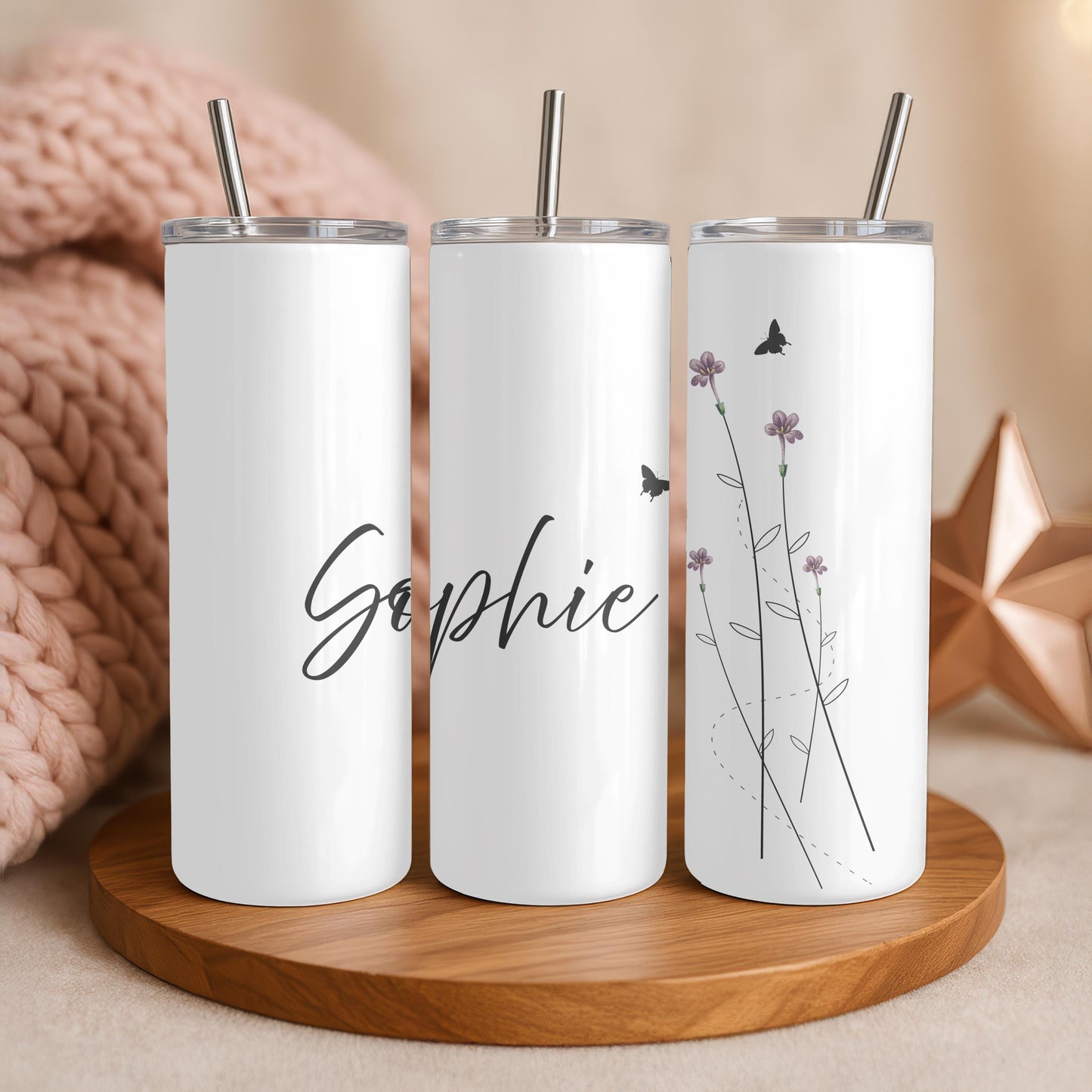 Personalized Floral Tumbler: Custom Name 20oz Skinny Tumbler, Butterfly Wildflower Travel Mug, Minimalist Gift for Her