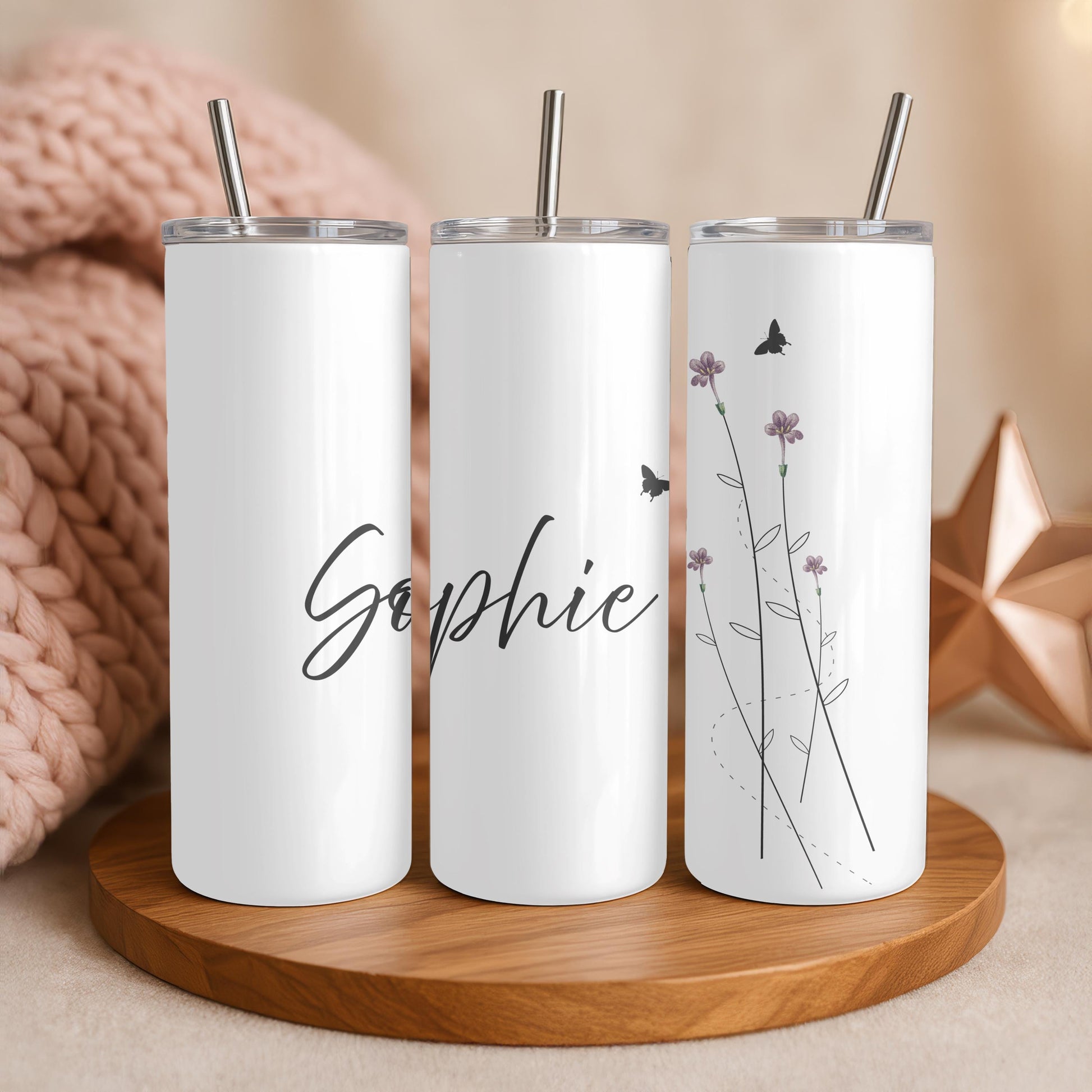 Personalized Floral Tumbler: Custom Name 20oz Skinny Tumbler, Butterfly Wildflower Travel Mug, Minimalist Gift for Her
