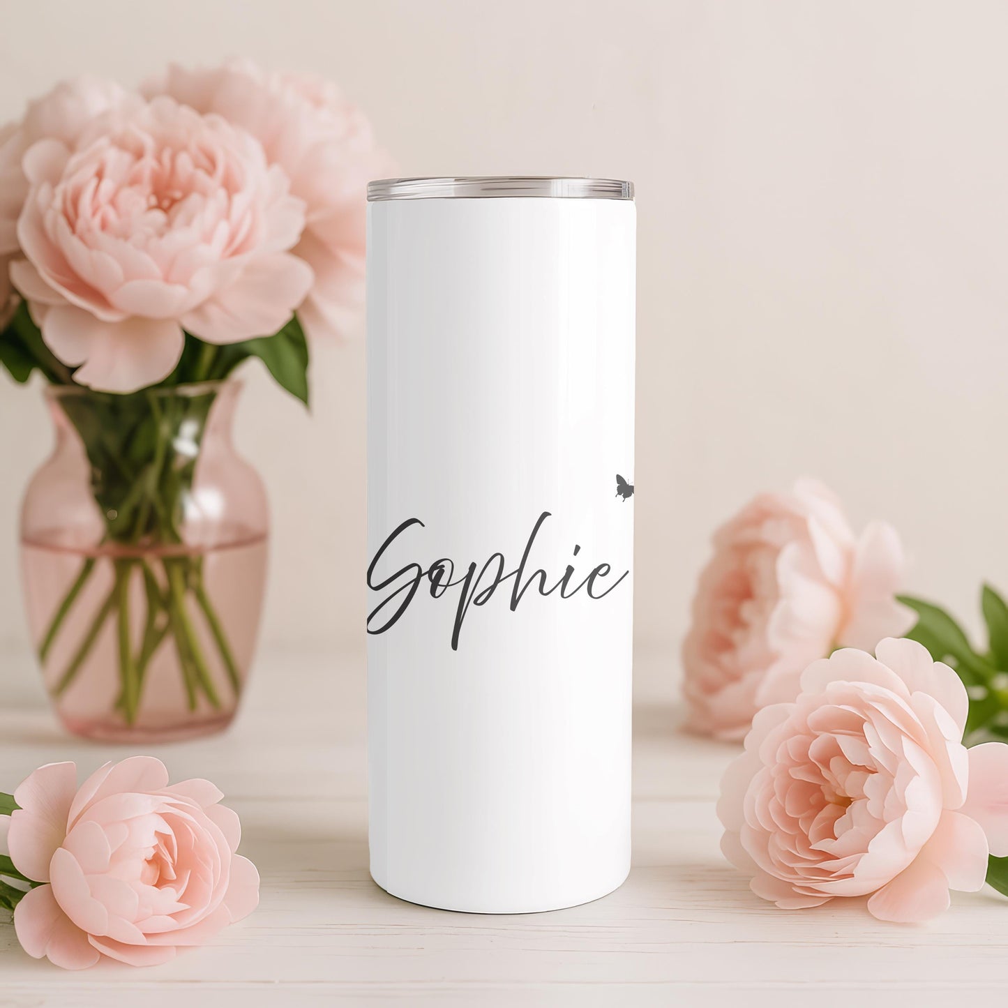 Personalized Floral Tumbler: Custom Name 20oz Skinny Tumbler, Butterfly Wildflower Travel Mug, Minimalist Gift for Her