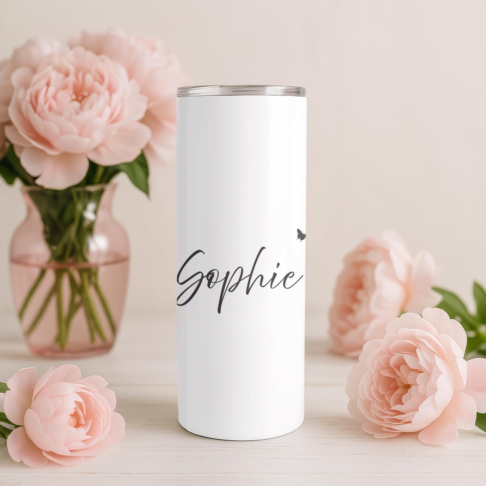 Personalized Floral Tumbler: Custom Name 20oz Skinny Tumbler, Butterfly Wildflower Travel Mug, Minimalist Gift for Her