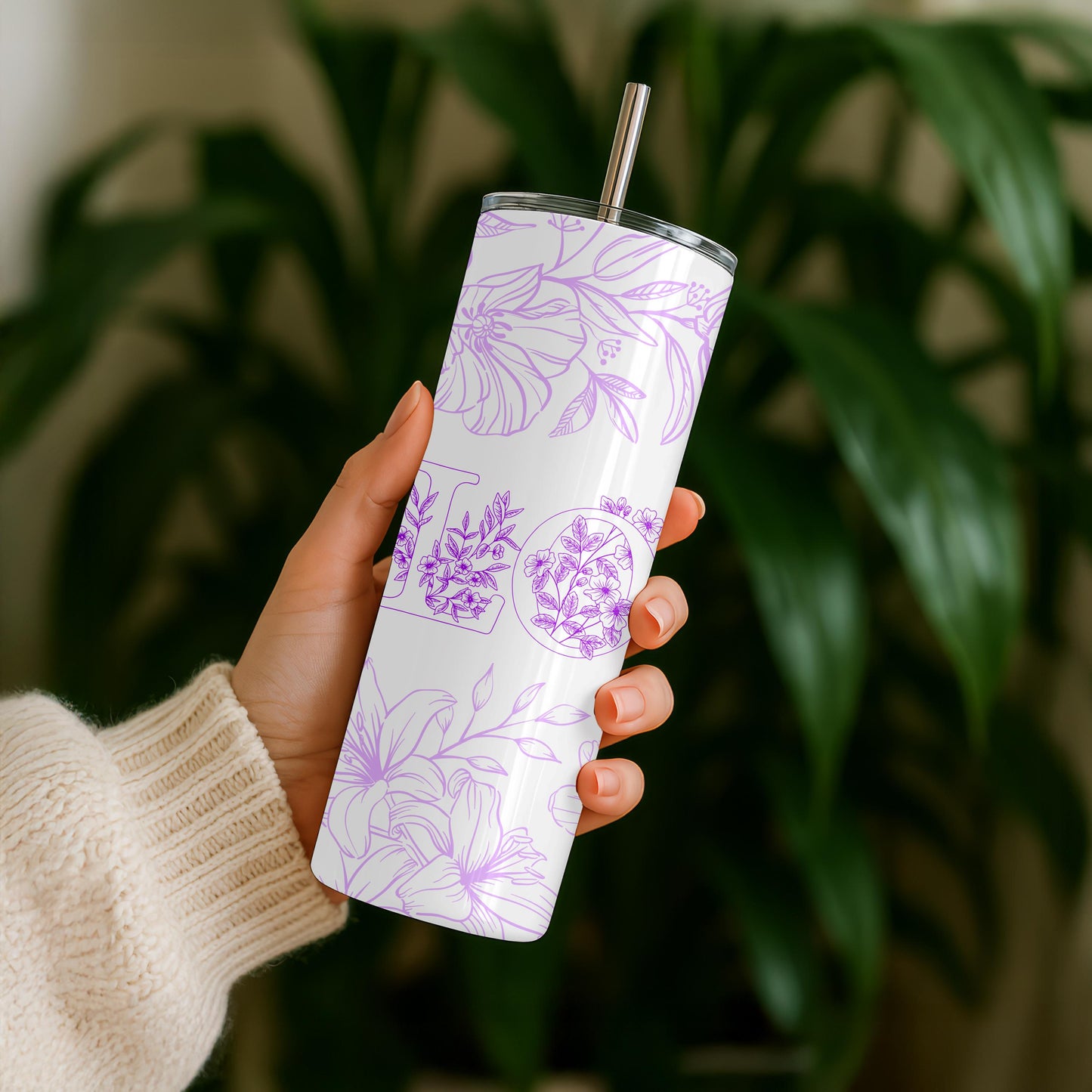 Floral Love Tumbler: 20oz Skinny Tumbler, Purple Flower Travel Mug, Romantic Botanical Gift for Her