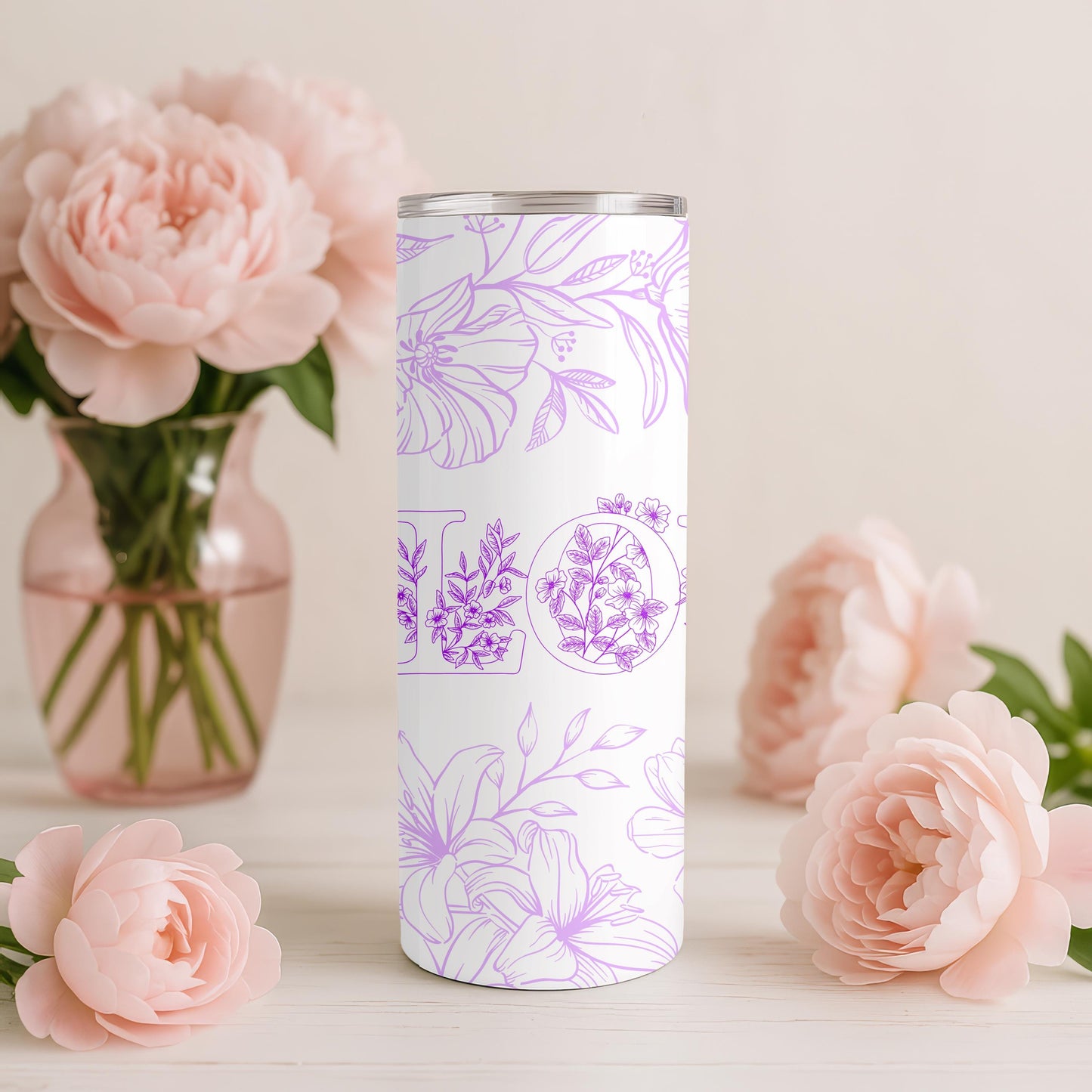 Floral Love Tumbler: 20oz Skinny Tumbler, Purple Flower Travel Mug, Romantic Botanical Gift for Her