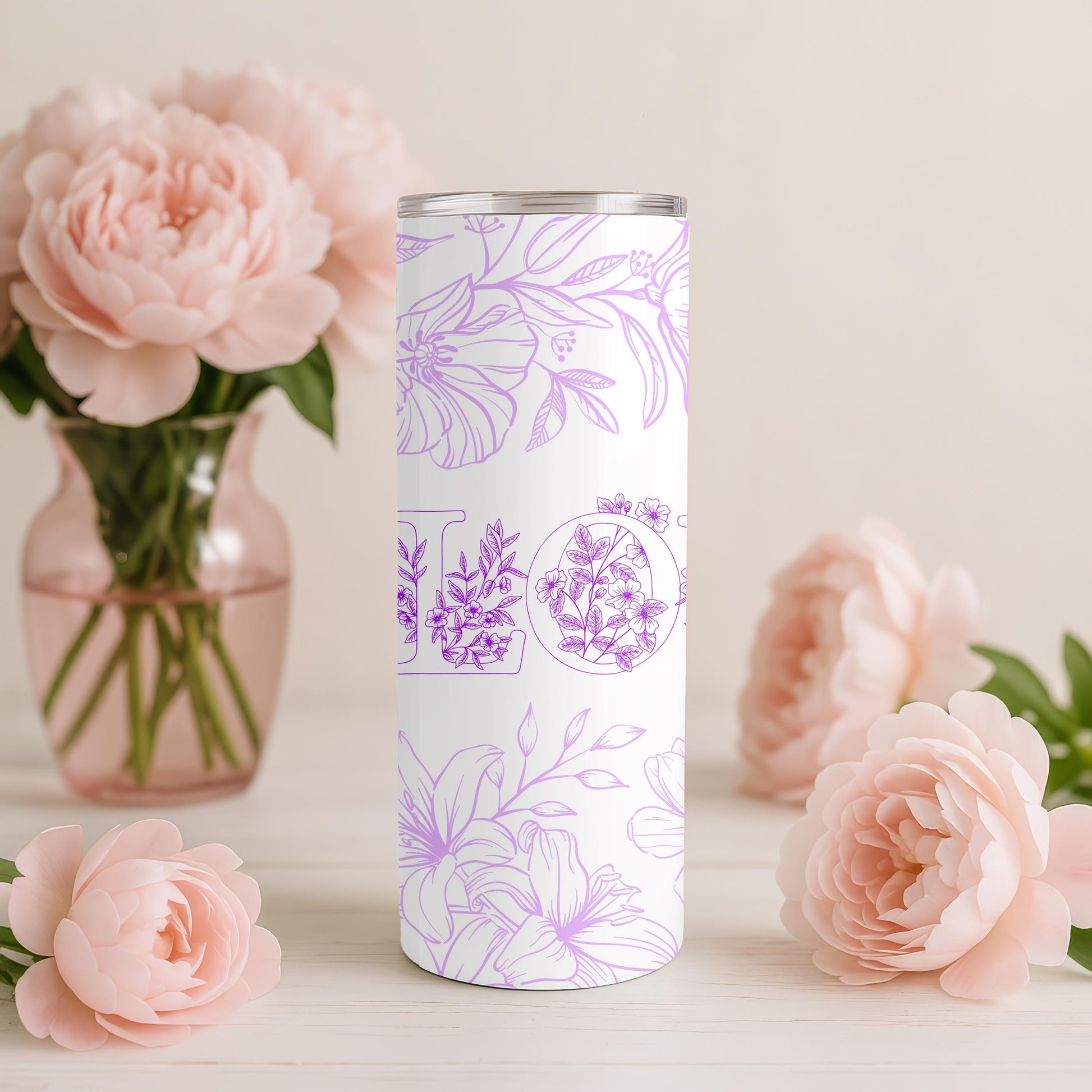 Floral Love Tumbler: 20oz Skinny Tumbler, Purple Flower Travel Mug, Romantic Botanical Gift for Her