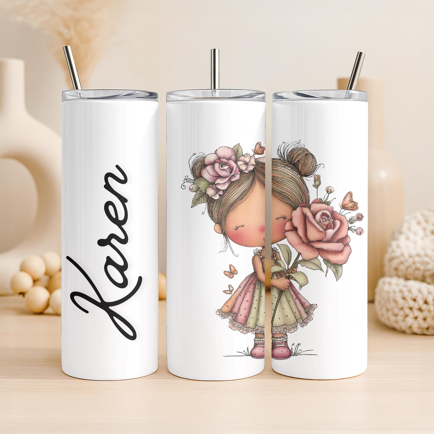 Personalized Whimsical Girl Tumbler, Custom Name 20oz Skinny Tumbler, Cute Floral Character Illustration, Gift for Her