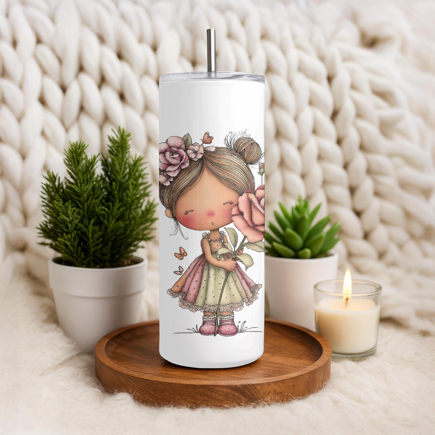 Personalized Whimsical Girl Tumbler, Custom Name 20oz Skinny Tumbler, Cute Floral Character Illustration, Gift for Her