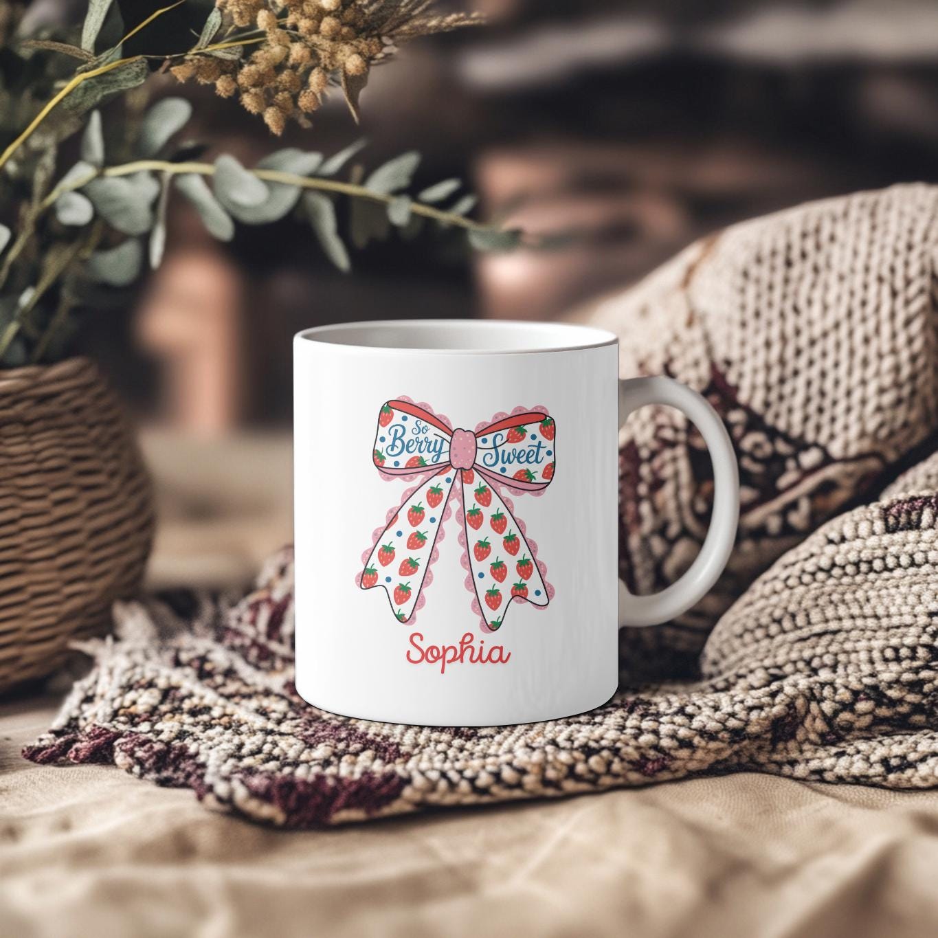 Personalized Strawberry Mug: Kawaii Bow Cup - So Berry Sweet Gift