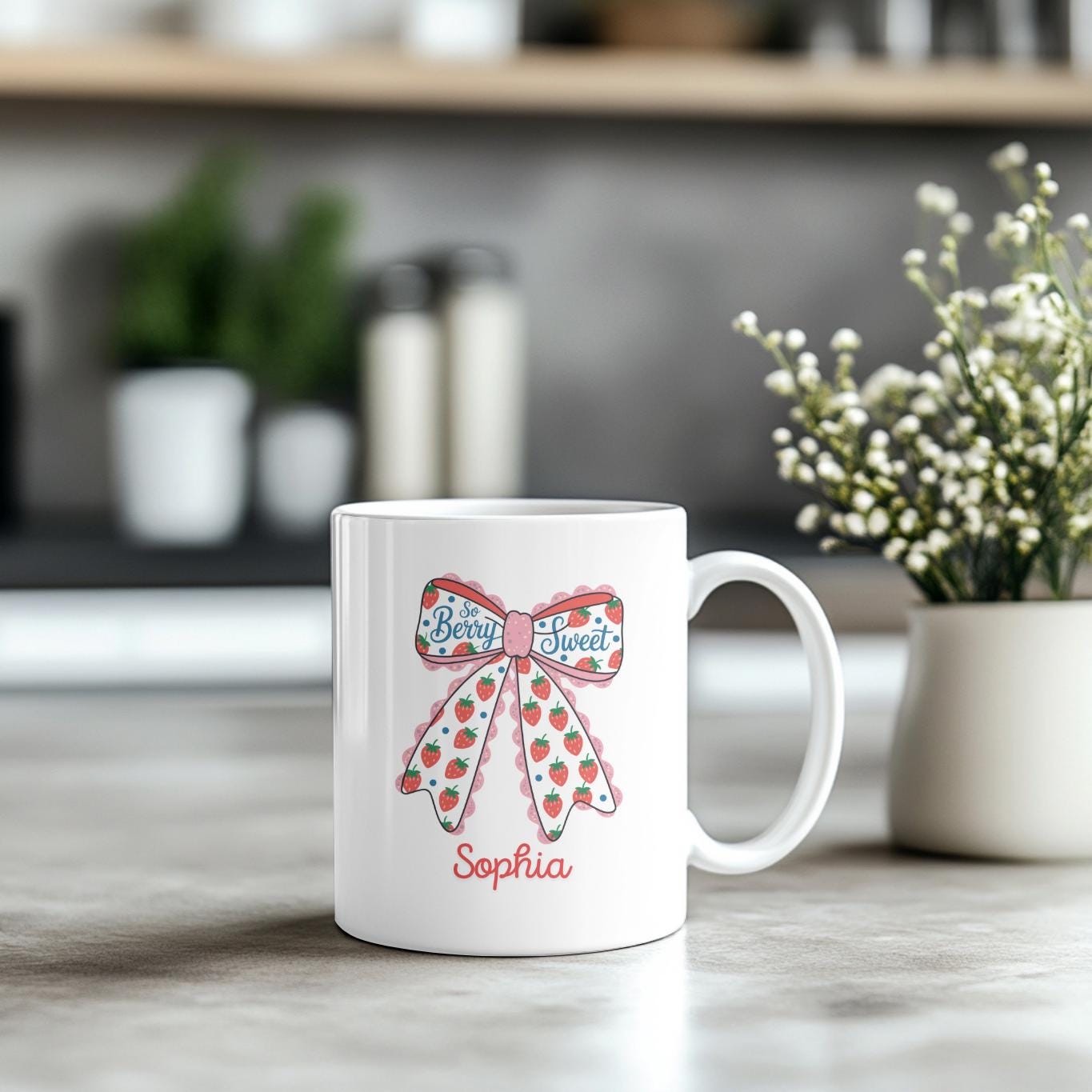 Personalized Strawberry Mug: Kawaii Bow Cup - So Berry Sweet Gift