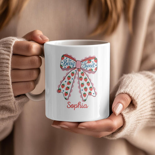 Personalized Strawberry Mug: Kawaii Bow Cup - So Berry Sweet Gift