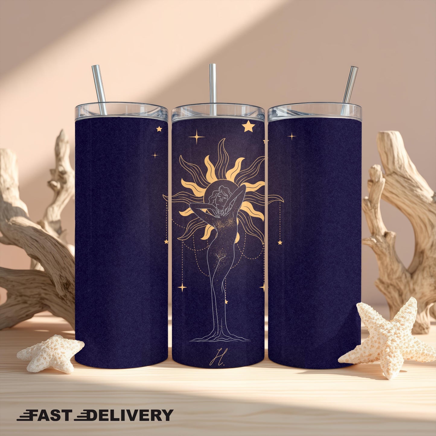 Custom Zodiac Tumbler, Personalized Gift for Her, 20oz Skinny Tumbler with Name, Celestial Sun Goddess Travel Mug